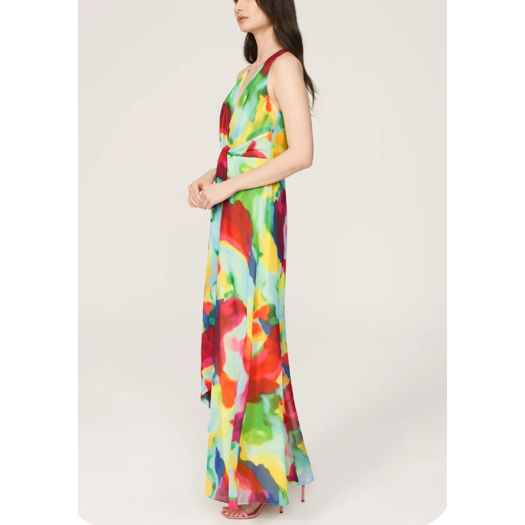 Ralph Lauren Rainbow Watercolor Chiffon Gown SIZE 14 Plunging Maxi Designer $265