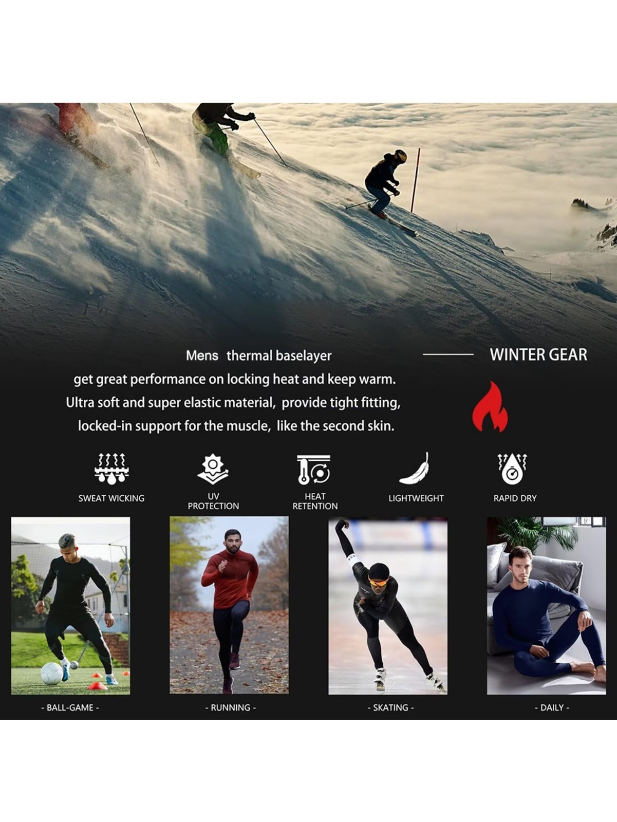 Thermal Underwear for Men Long Johns Fleece Lined Base Layer Set Lightweight USA