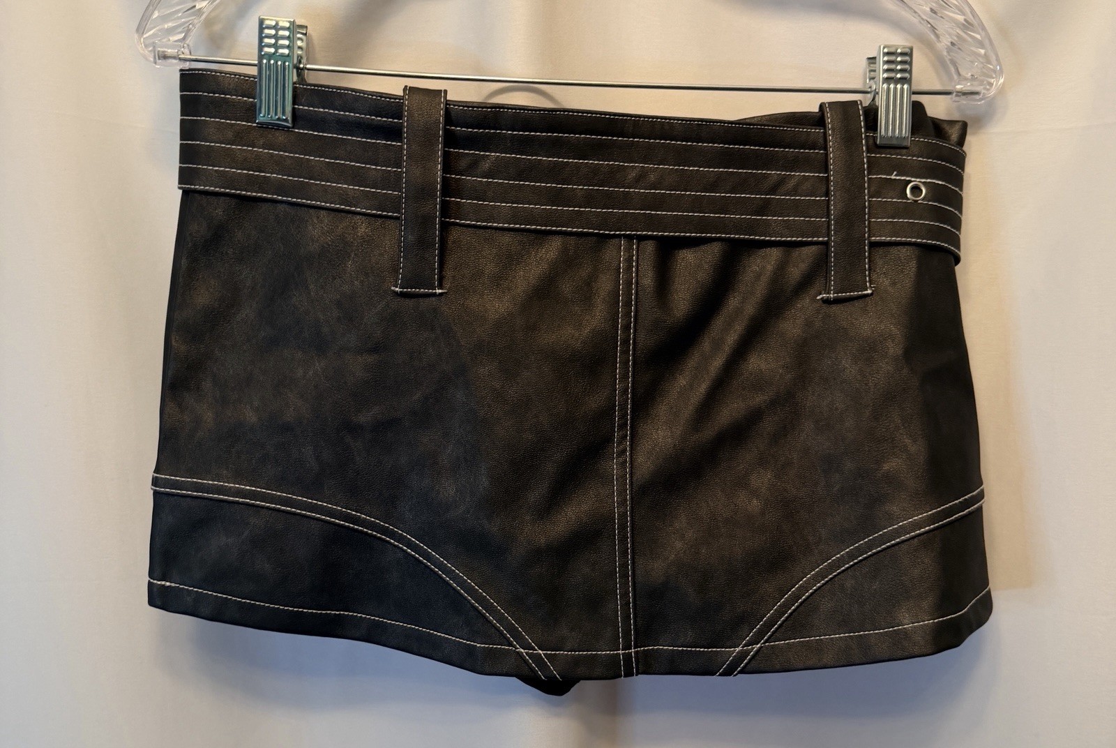 Edikted Washed Black Faux Leather Mini Skort Size Medium Belted Y2K Clubwear