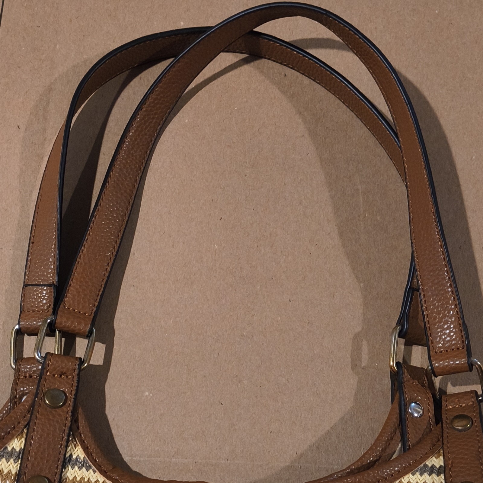 Striped Tote Bag Brown Beige Magnetic Zip Lined Pockets Silver