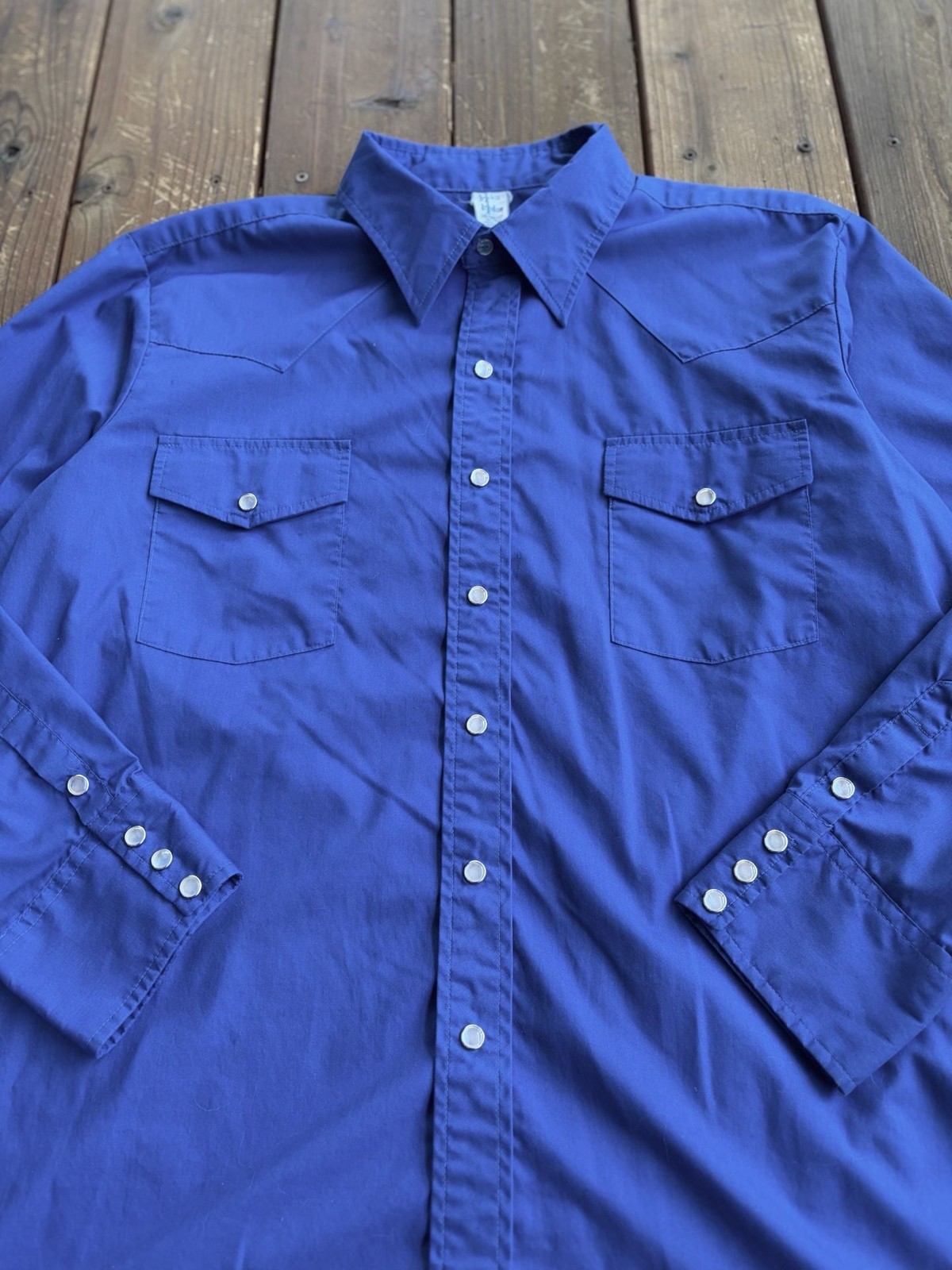 Vintage Malco Modes Blue Pearl Snap Western Shirt Size 17.5 35 Made in USA