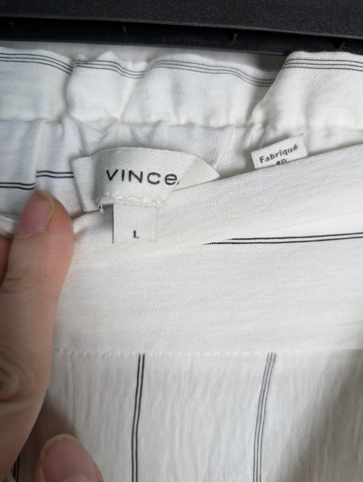 VINCE Pants Womens L White Wide-Leg Crepe Striped Pull On Belted Pockets