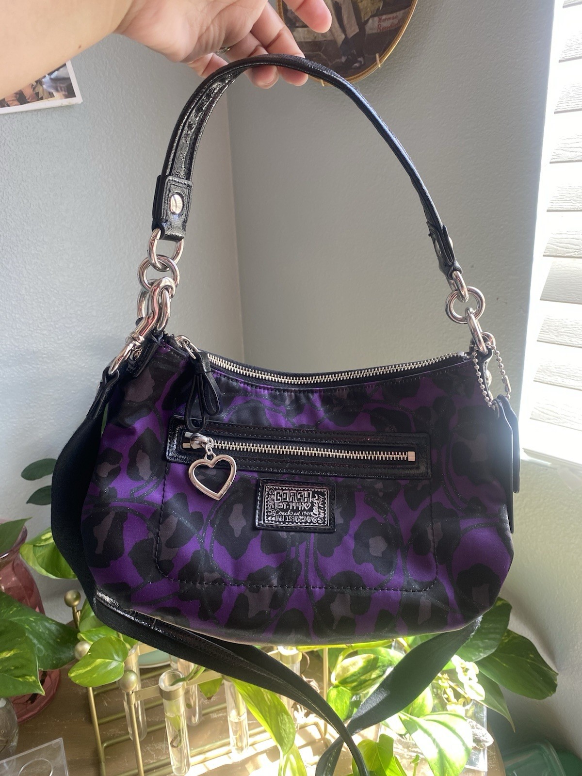 Coach Poppy Purse Bag Daisy Ocelot Purple Hobo Glitter Handbag 20024