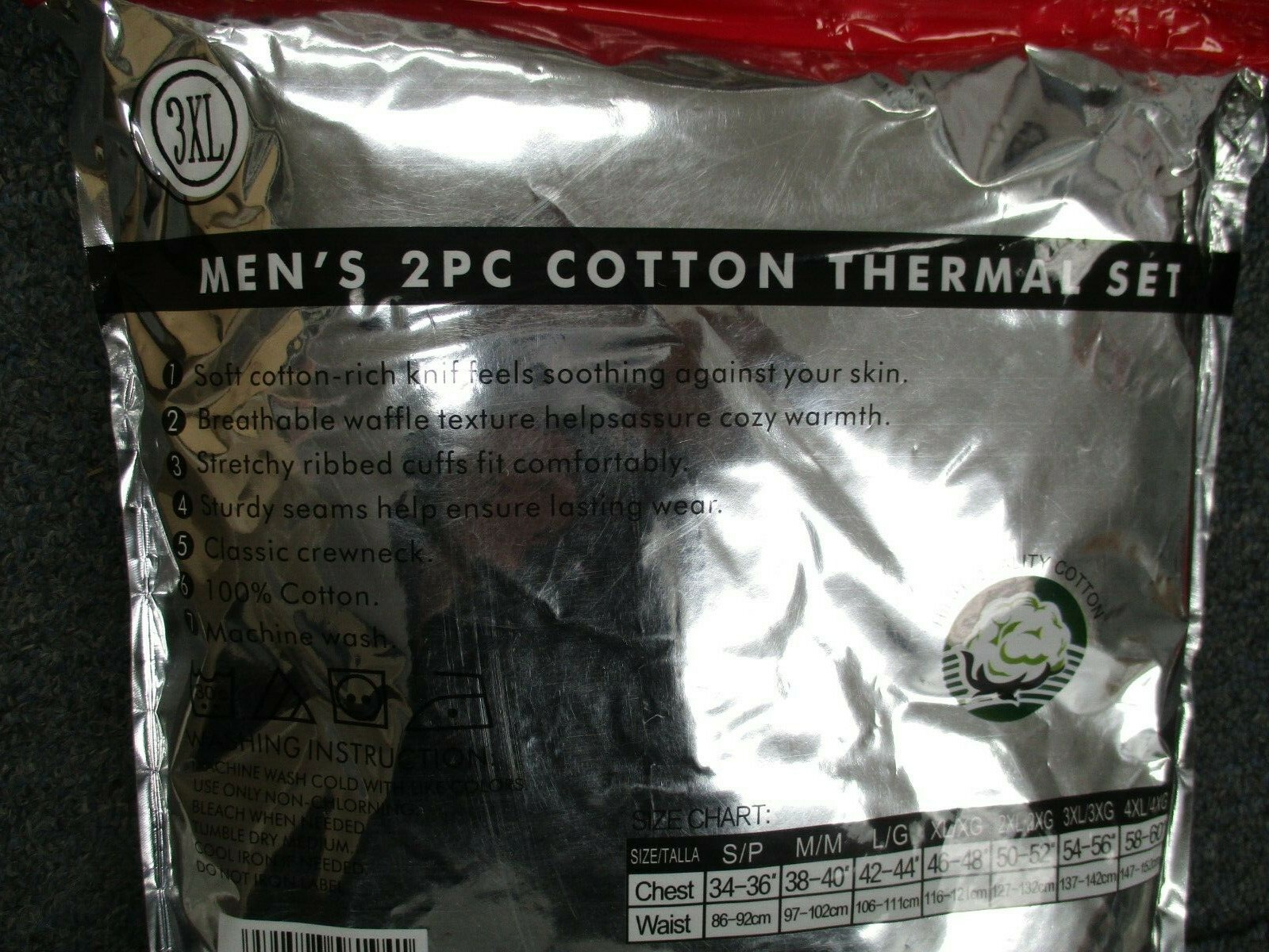 Mens 2pc Thermal Underwear Set Long Johns Knit Top Bottom 2 Xl 100% cotton BLACK