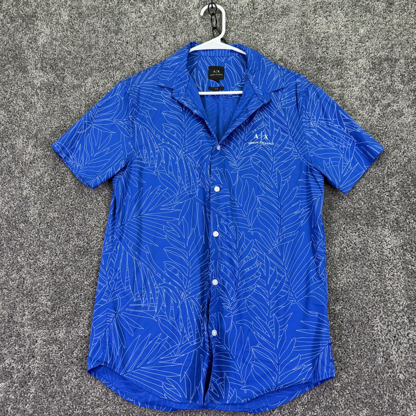 Armani Exchange Shirt Mens Medium Blue Short Sleeve Button Up Slim Tropical