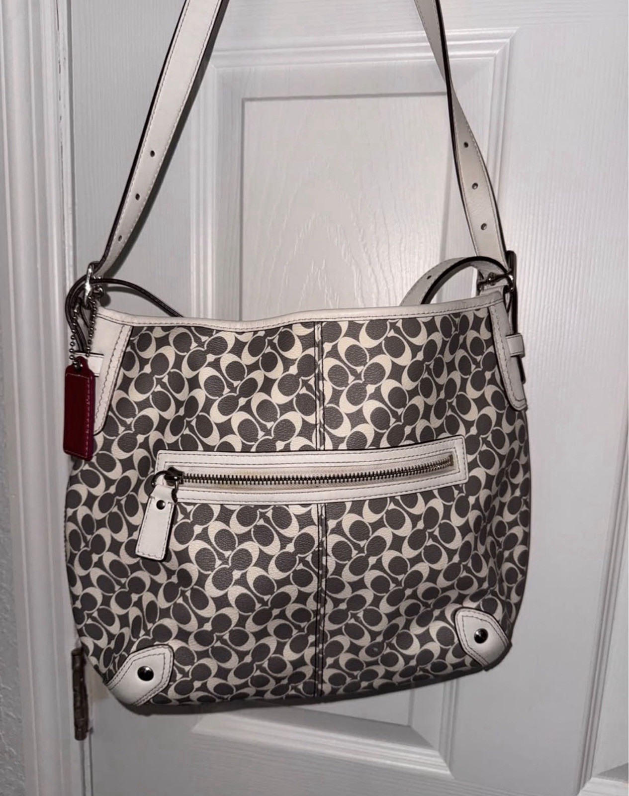 Coach Monogram Shoulder Bag Gray/White w/ Pink Stripe Zip Detachable Strap