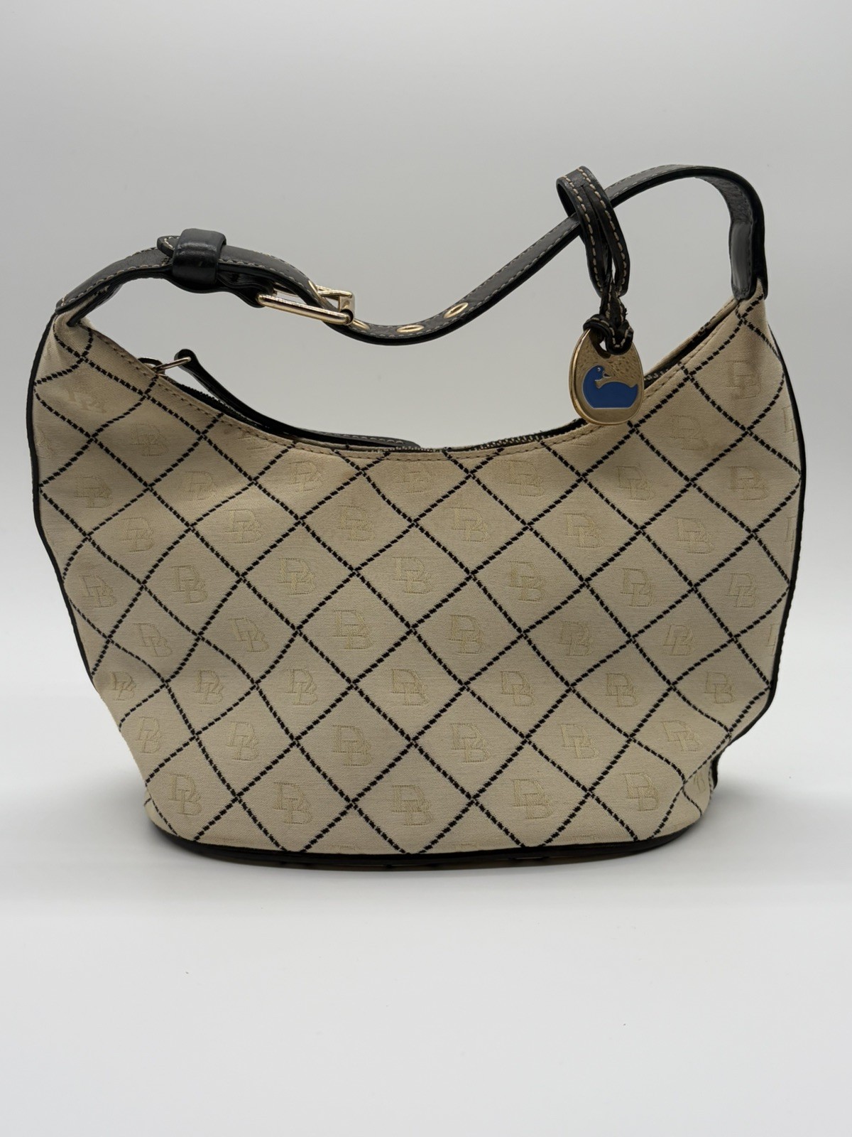 VTG Dooney & Bourke Cream Canvas Small Signature Hobo Shoulder Bucket Bag