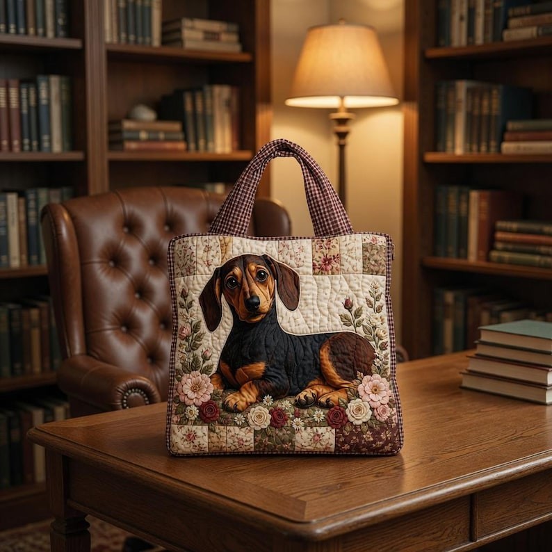 Dachshund Floral Patchwork Quilted Tote Bag, Wiener Dog Applique Handbag, Animal