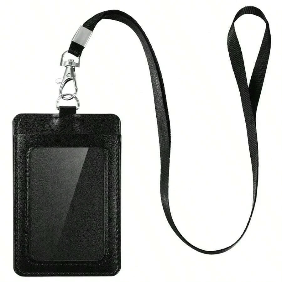 1pc PU Leather Vertical Badge Holder with Lanyard ID Card Holder for Men Women