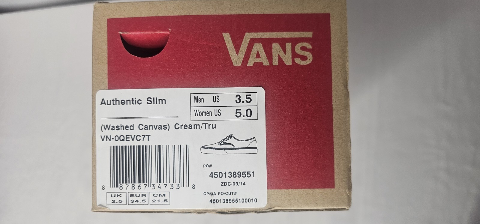 Vans Authentic Slim Washed Canvas Cream Tan Sneaker Women 5 Men 3.5 VN-0QEVC7T