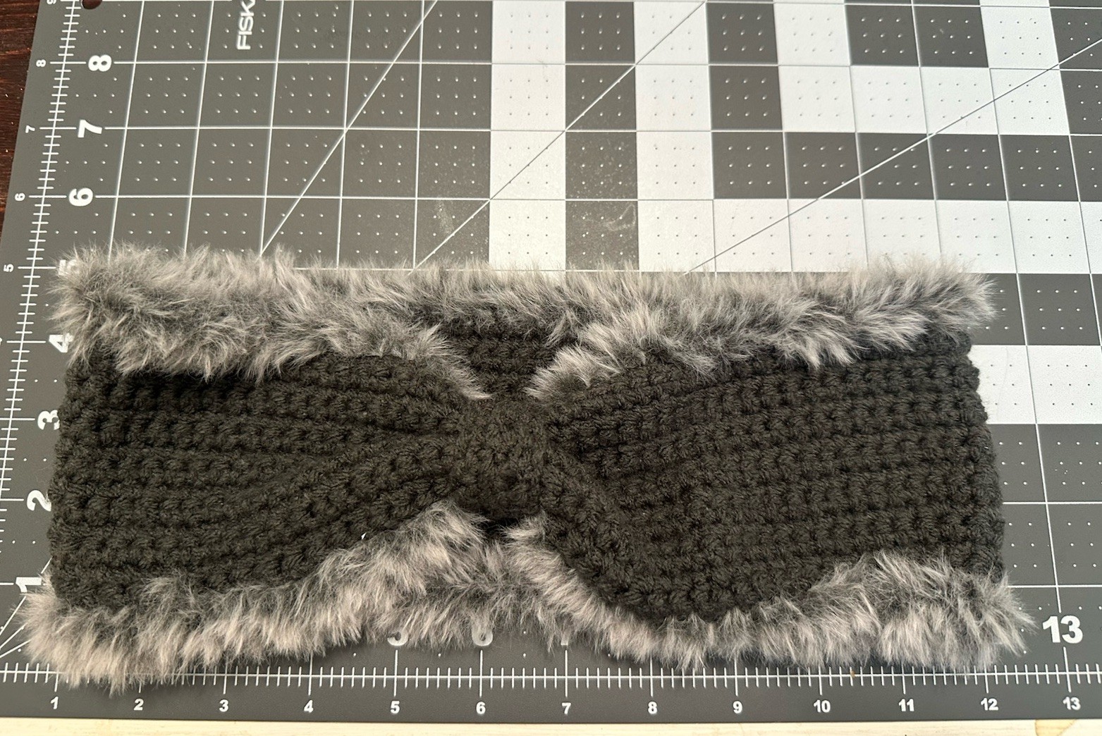 Handmade Gray Bow Crochet Headband/ Ear warmer With Grey fur Trim