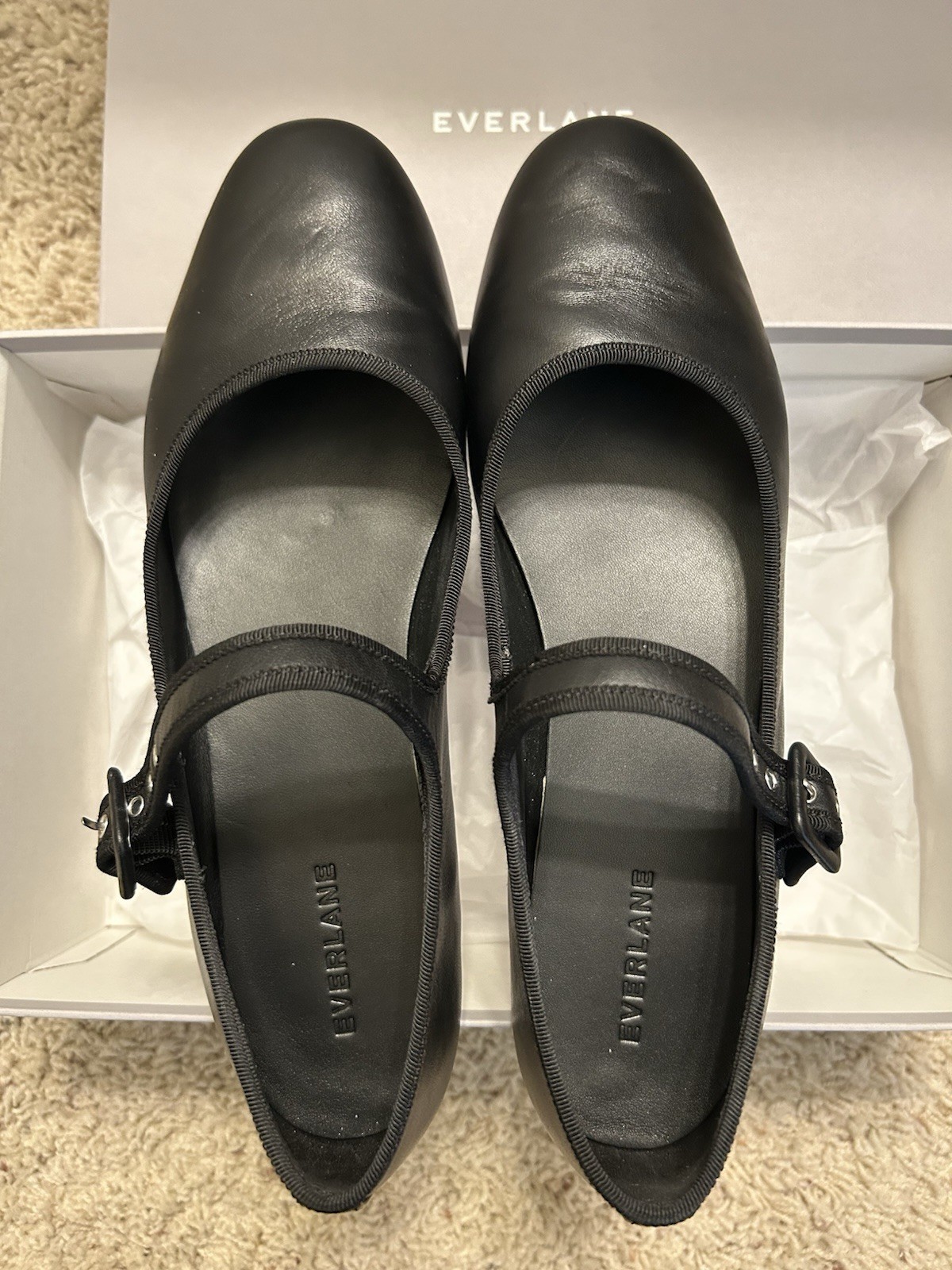 Everlane ~ The Day Buckle Mary Jane Flats Black Leather 10.5 M w.Box Excellent