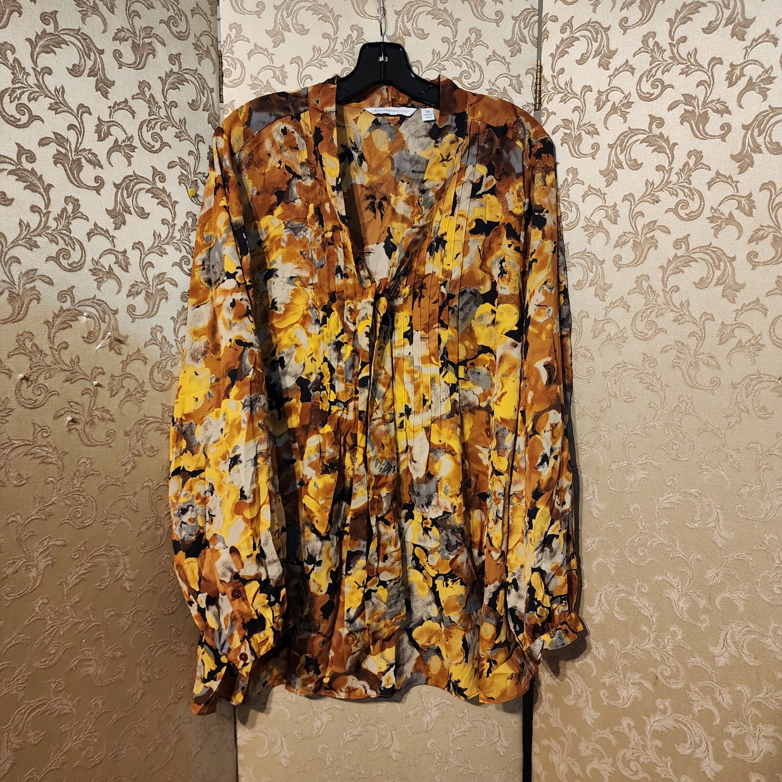 Isaac Mizrahi Live Mustard Yellow Multi-Color Blouse Top Size 2X