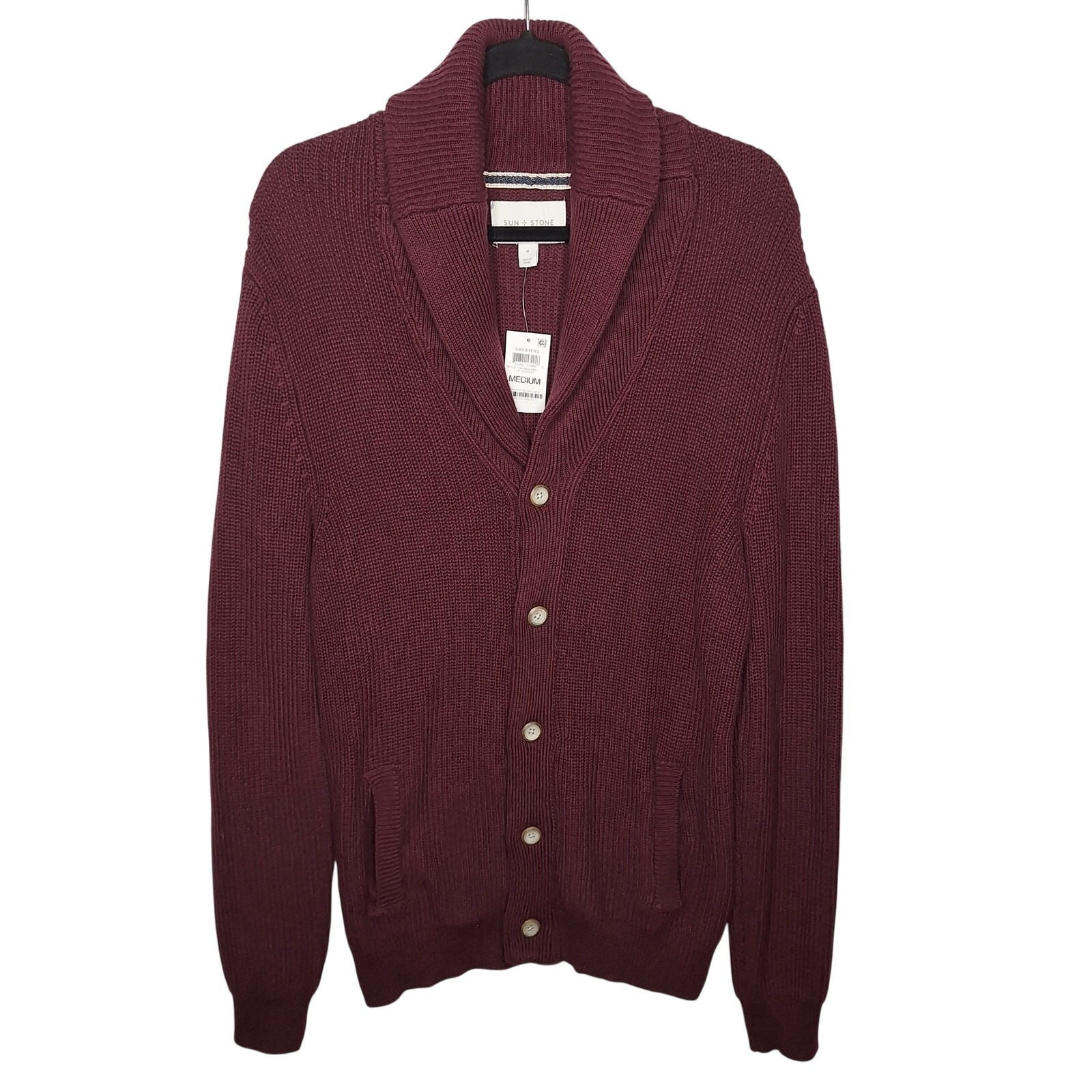Sun + Stone Men’s Cardigan Sweater Grandpa M Burgundy Shawl Collar Preppy Cotton