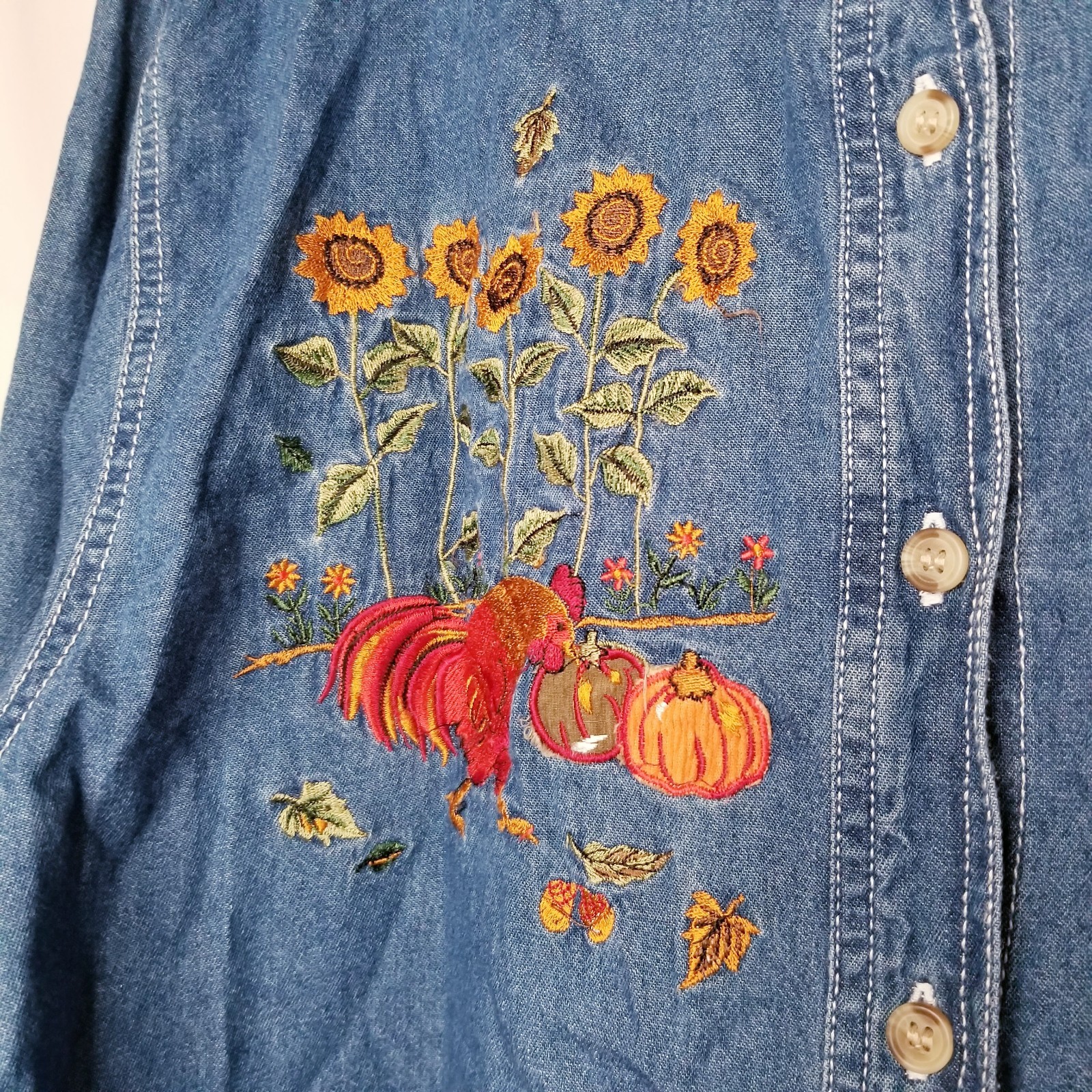 Vtg Bobbie Brooks Denim Button Up Shirt XL Chickens Sunflowers Fall Embroidered