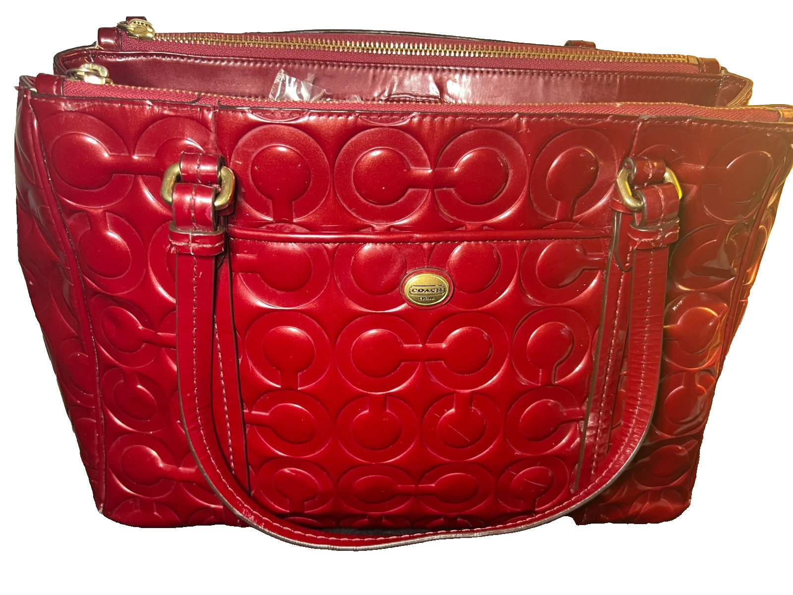 Coach Red Signature Embossed Patent Leather Tote Shoulder Bag Gold Hardware