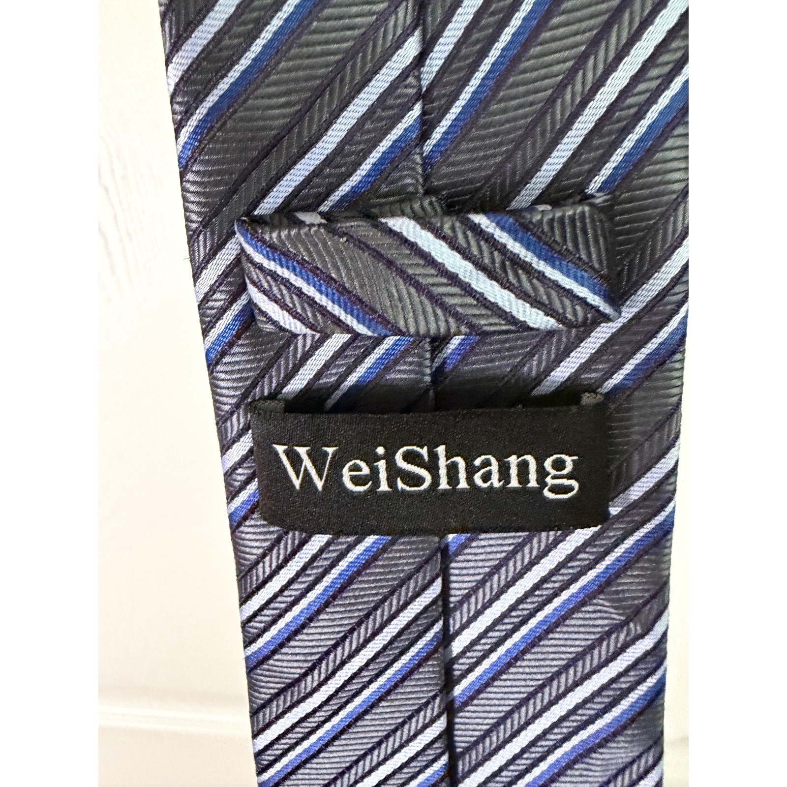 WeiShang Mens Silk Tie Grey Navy Light Blue Diagonal Striped Herringbone Texture