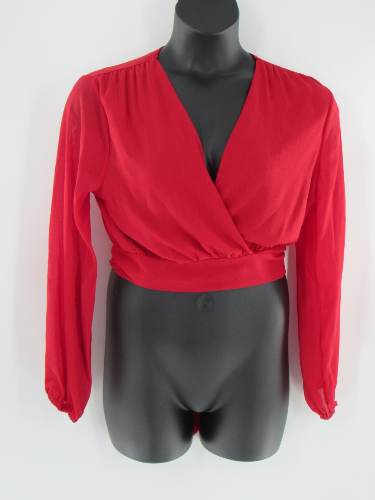 Women’s Lyaner Red Solid Wrap Crop Long Sleeved Blouse Shirt Top Size Large EUC