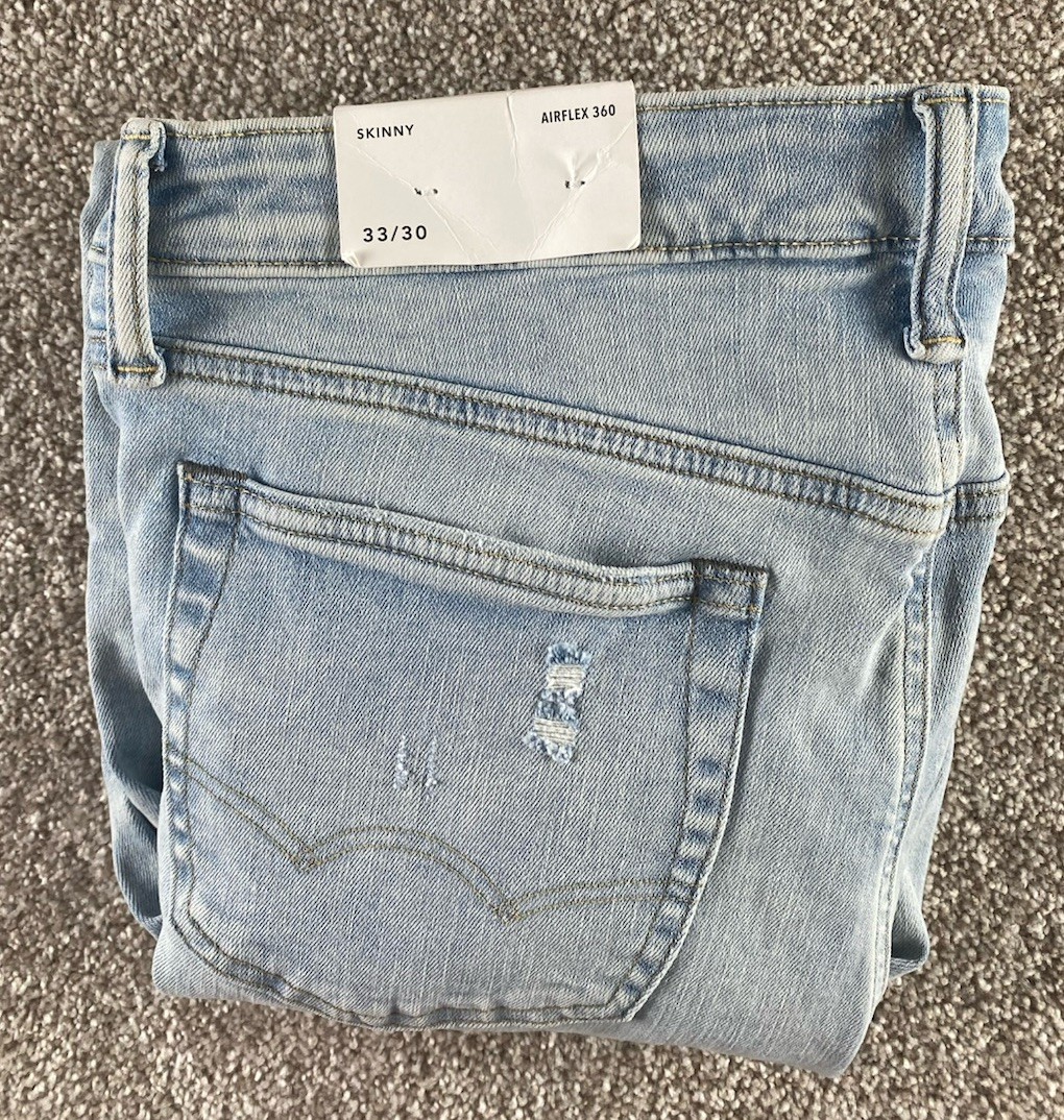 NWT American Eagle Airflex + Skinny Jeans Men’s 33×30 Blue Distressed Y2K Skate