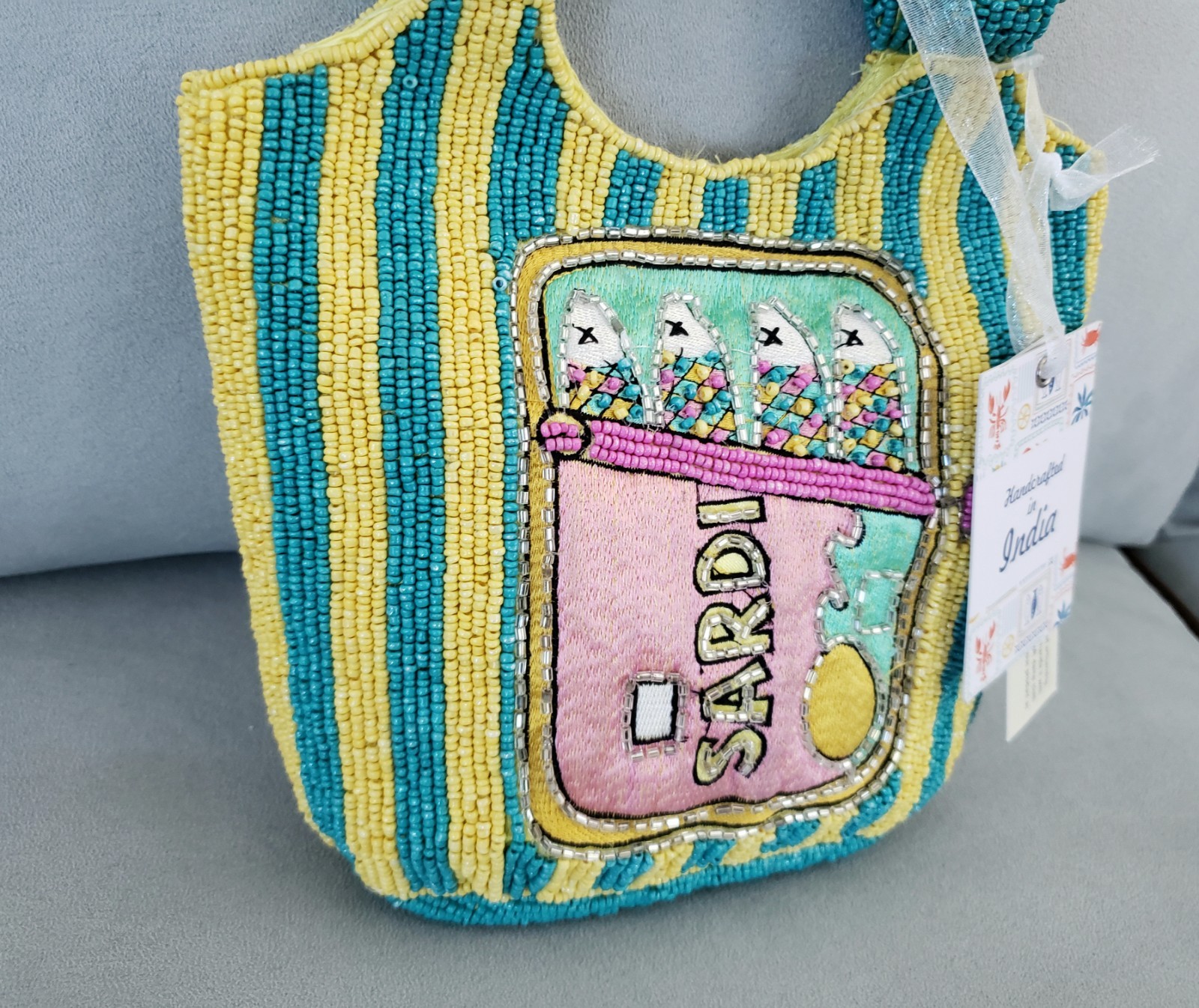 Sardines In A Can Beaded Bag Striped Yellow Teal Pink Fish Handcrafted in India