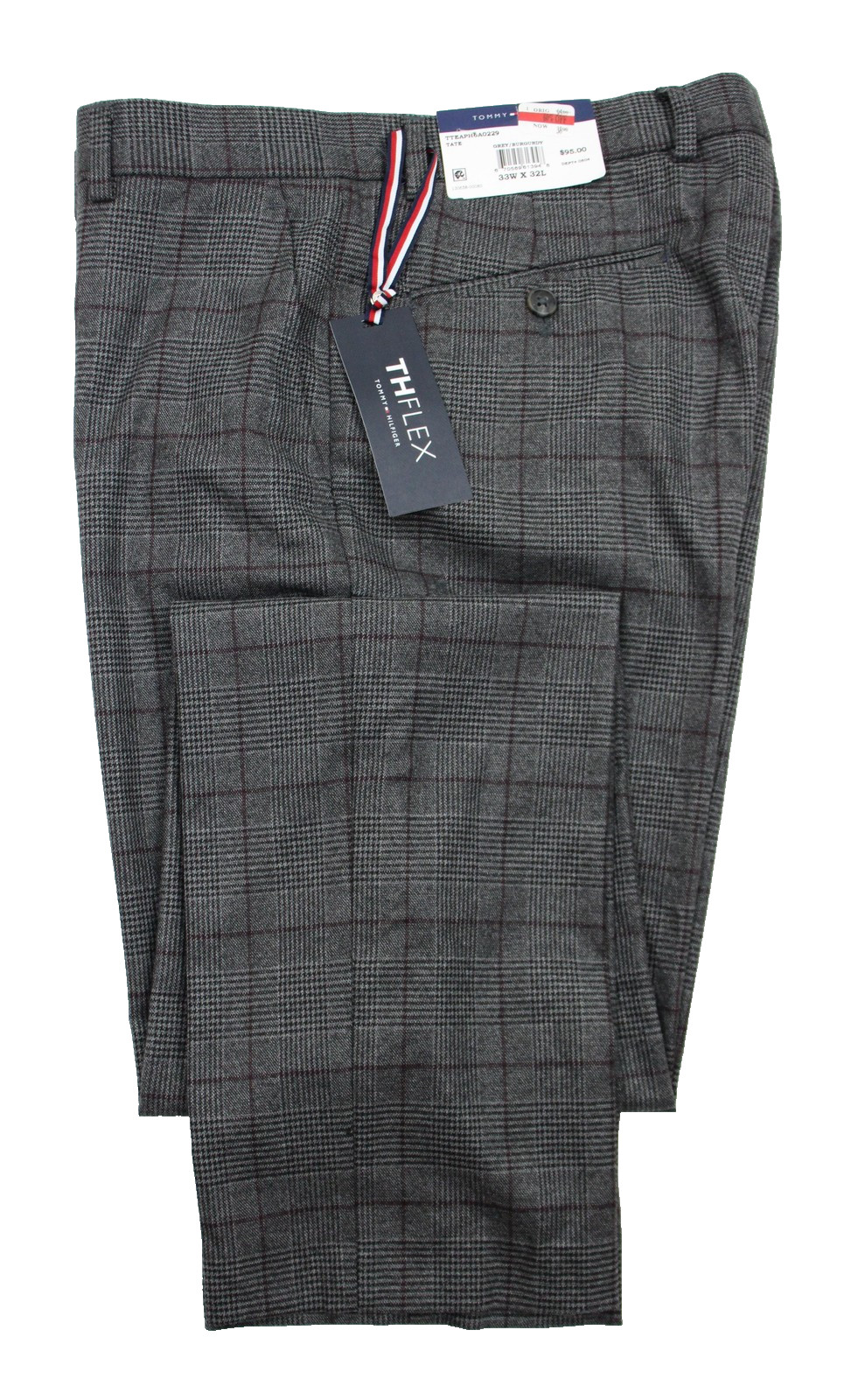 Tommy Hilfiger Dress Pants Mens 33×32 Gray Burgundy Plaid THFLEX Flat Front