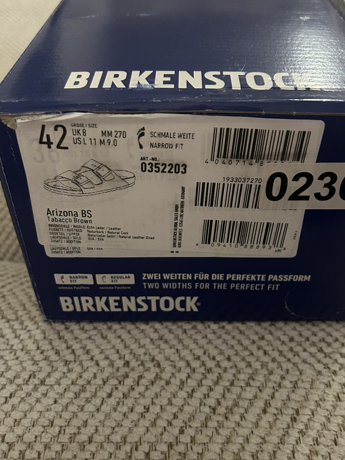 Birkenstock Arizona Leather Sandals in Tobacco Brown – Size EU 42 Narrow- New