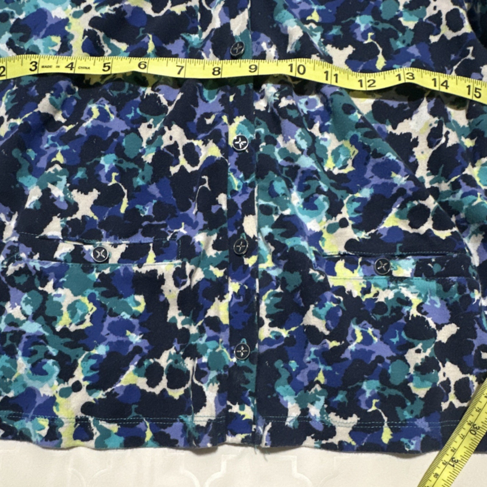 Rafaella Blue Floral Cotton Button-Up Blouse 3/4 Sleeve V-Neck Women Size M
