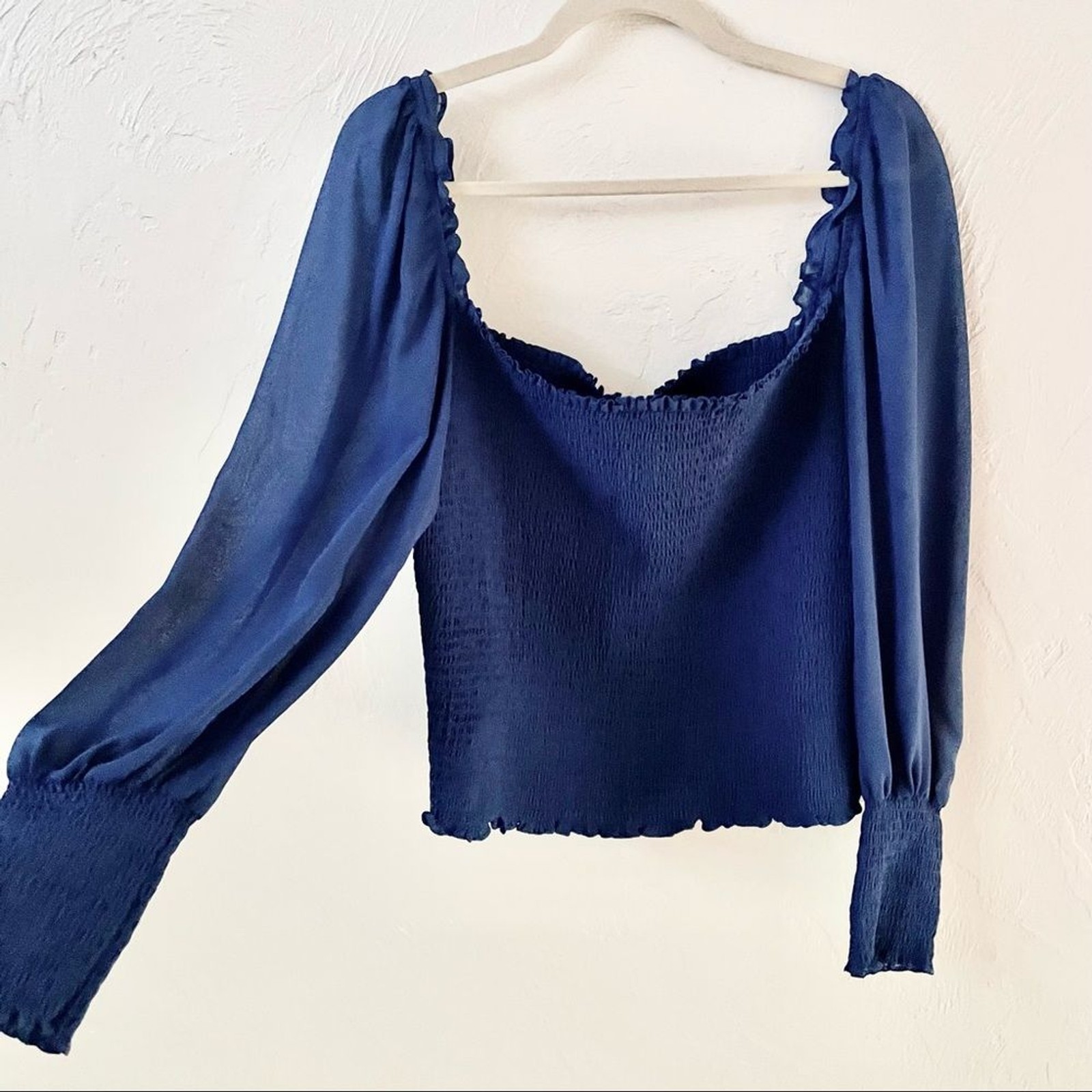 Reformation NWT $148 1X Pinto Smocked Long Puff Sleeves Top Es in Caspian Blue