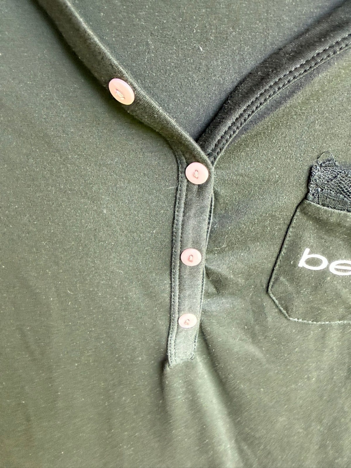 Bebe Women’s Small Black Baby Tee Y2K Henley Top Pink Buttons Lace Pocket