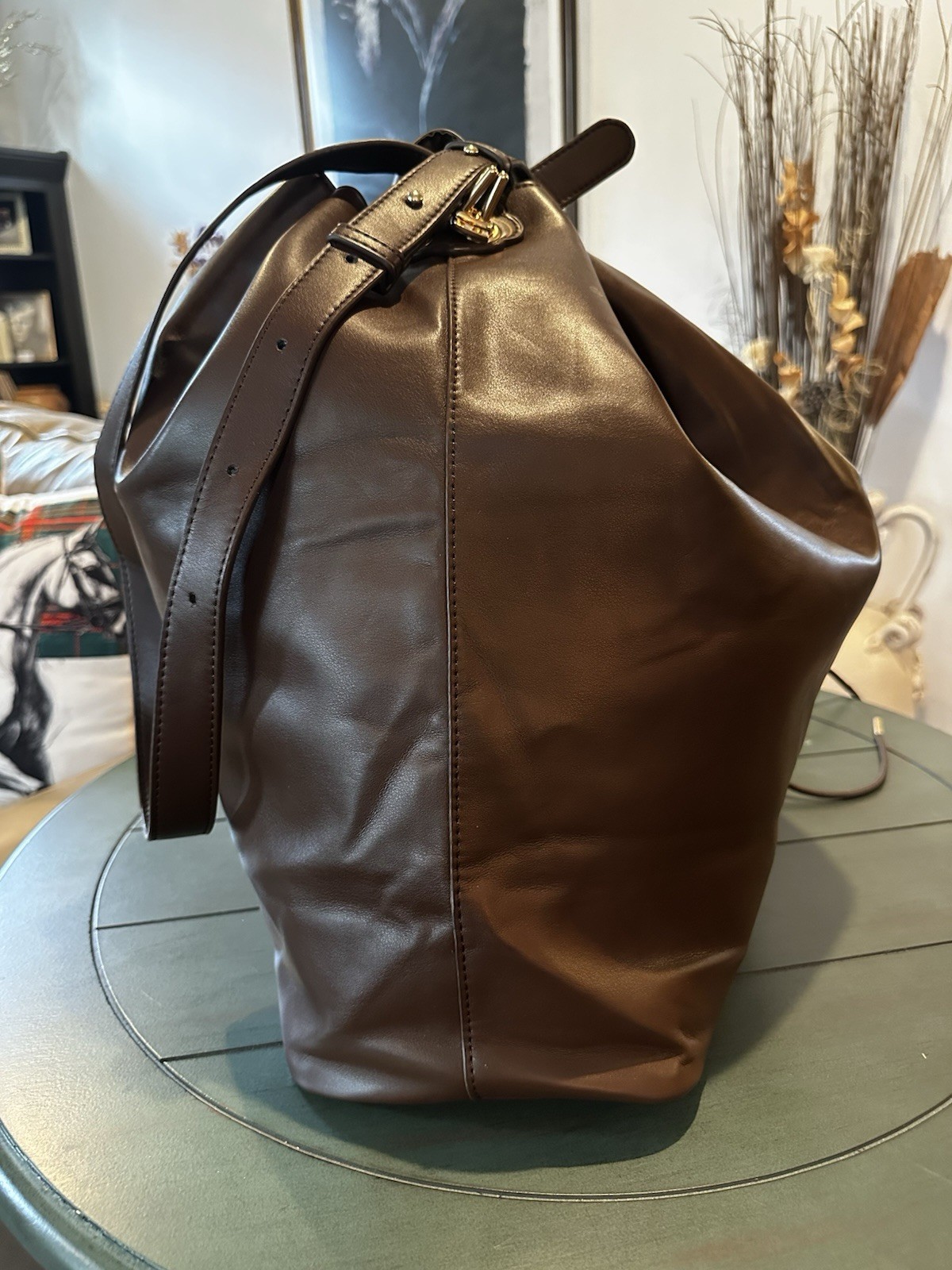 Inside Out Women Brown Bucket Drawstring Bag | Detachable Strap | Gold | Pockets