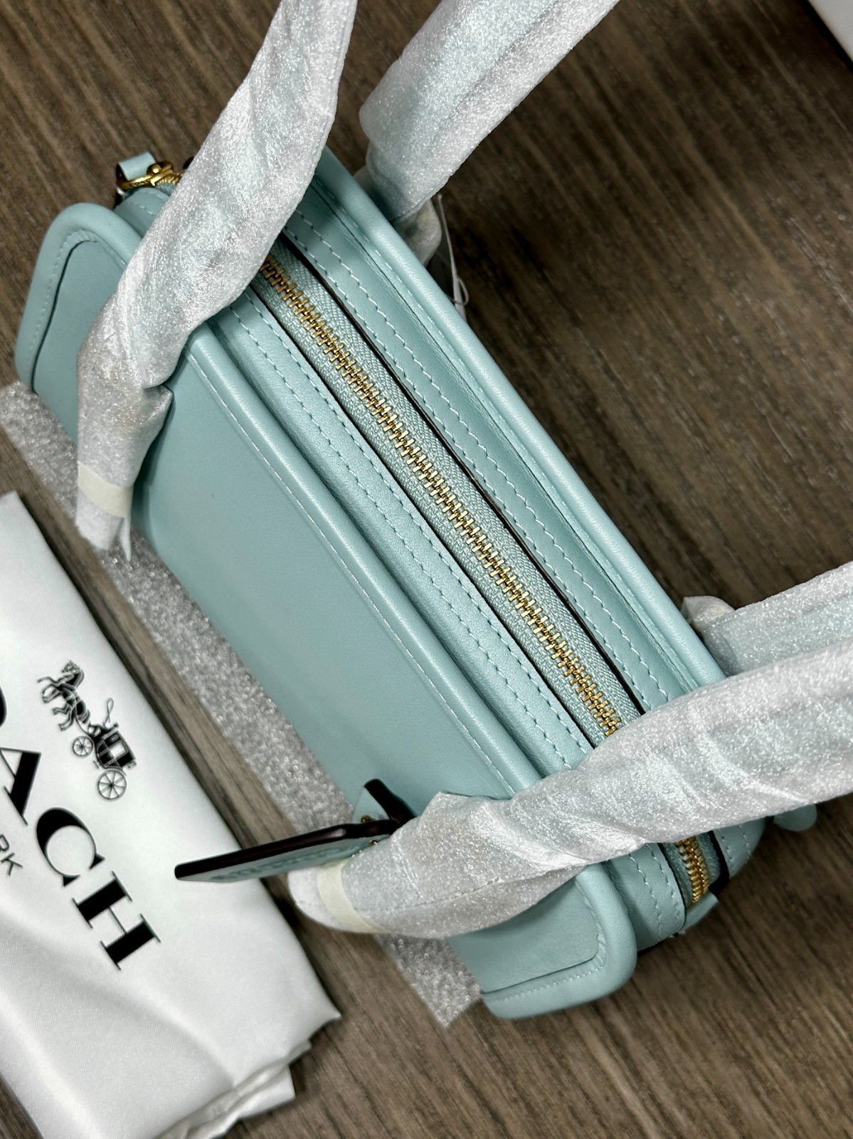 Coach Swing Zip Bag 20 in Light Blue Glovetanned Leather CAM45 NWT