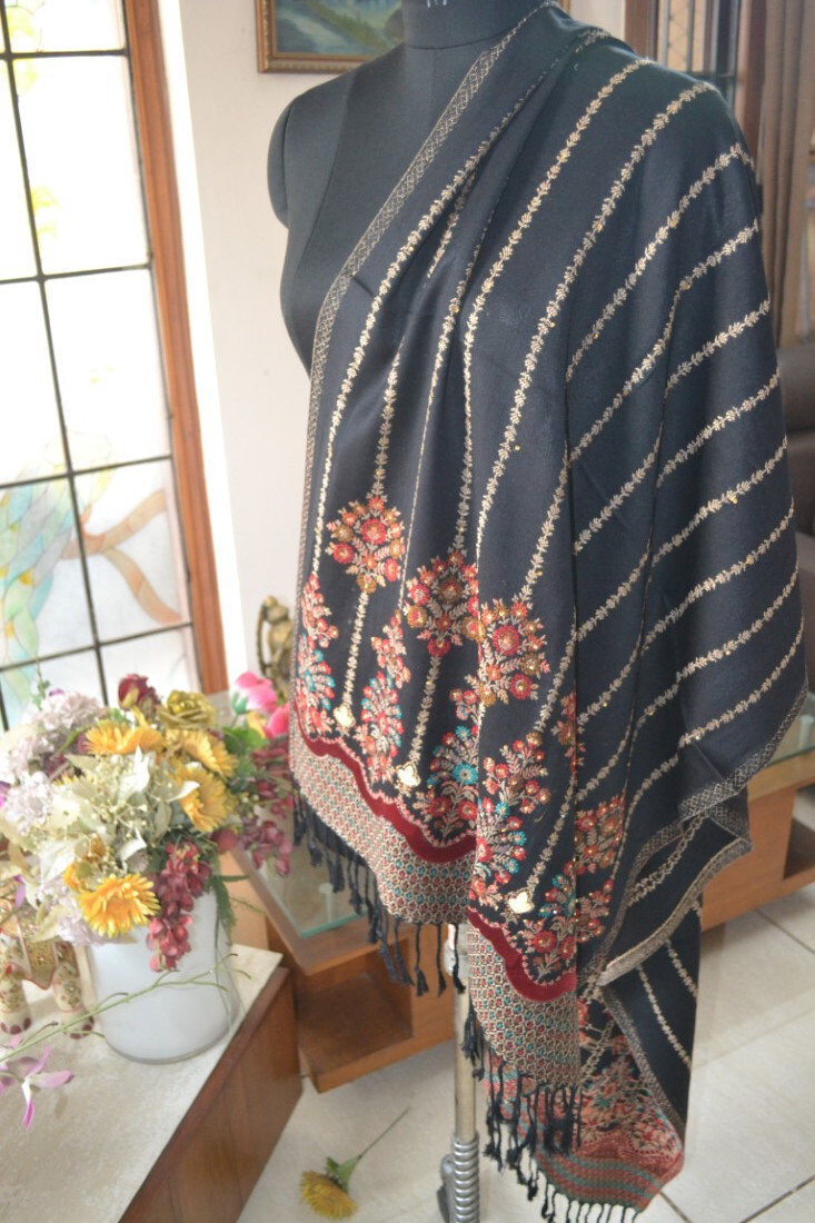 PARTY STOLE SEQUINED EMBROIDERED BEADED JAMAVAR SHAWL~ SILK PASHMINA~16 DESIGN