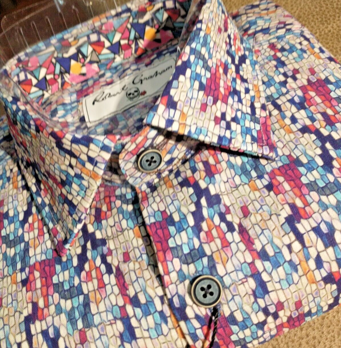 NWT Robert Graham men’s Size L Short Sleeve Button Down Geo/Checks Jacq Clas