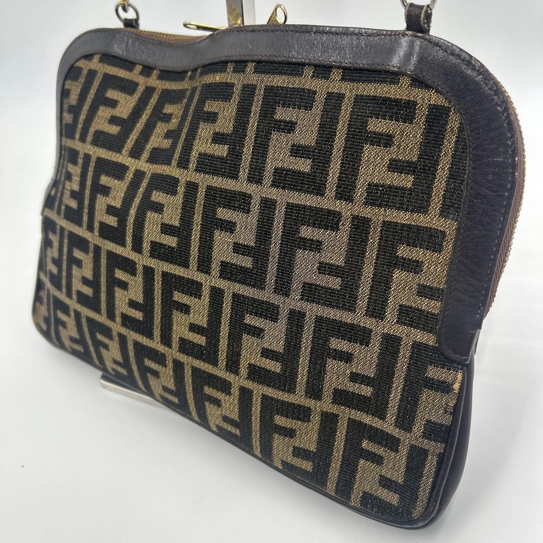FENDI Zucca FF Shoulder Bag Ziplock Leather Canvas Brown Beige Gold #2702