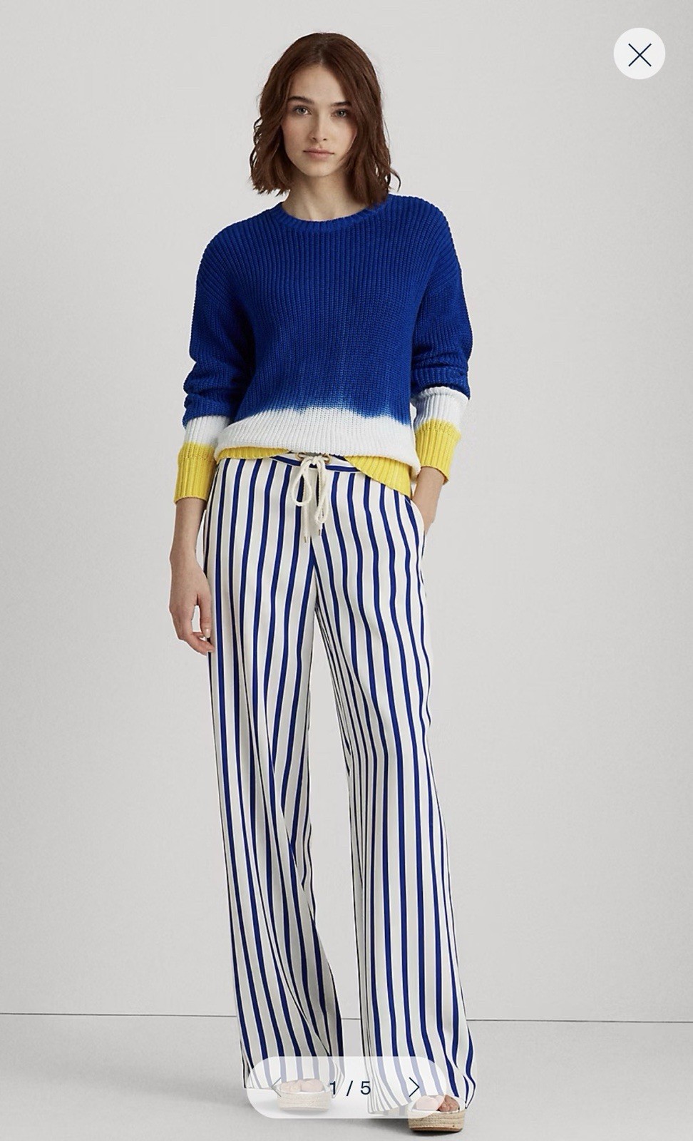 Lauren Ralph Lauren Blue White Yellow Colorblock Cotton Knit Sweater Size Small