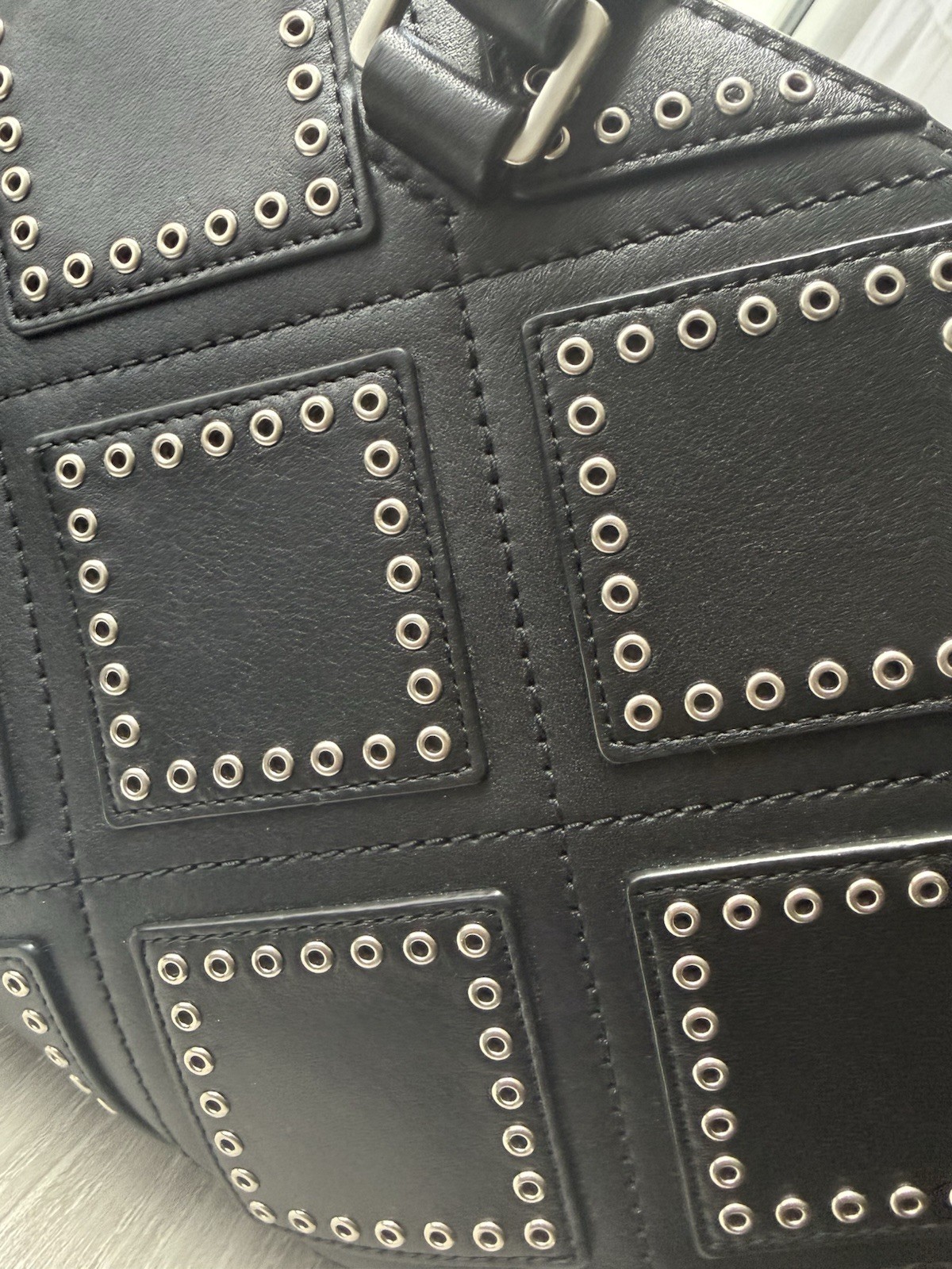 Michael Kors Selma Large Black Leather Grommet Studded Satchel Handbag Silver
