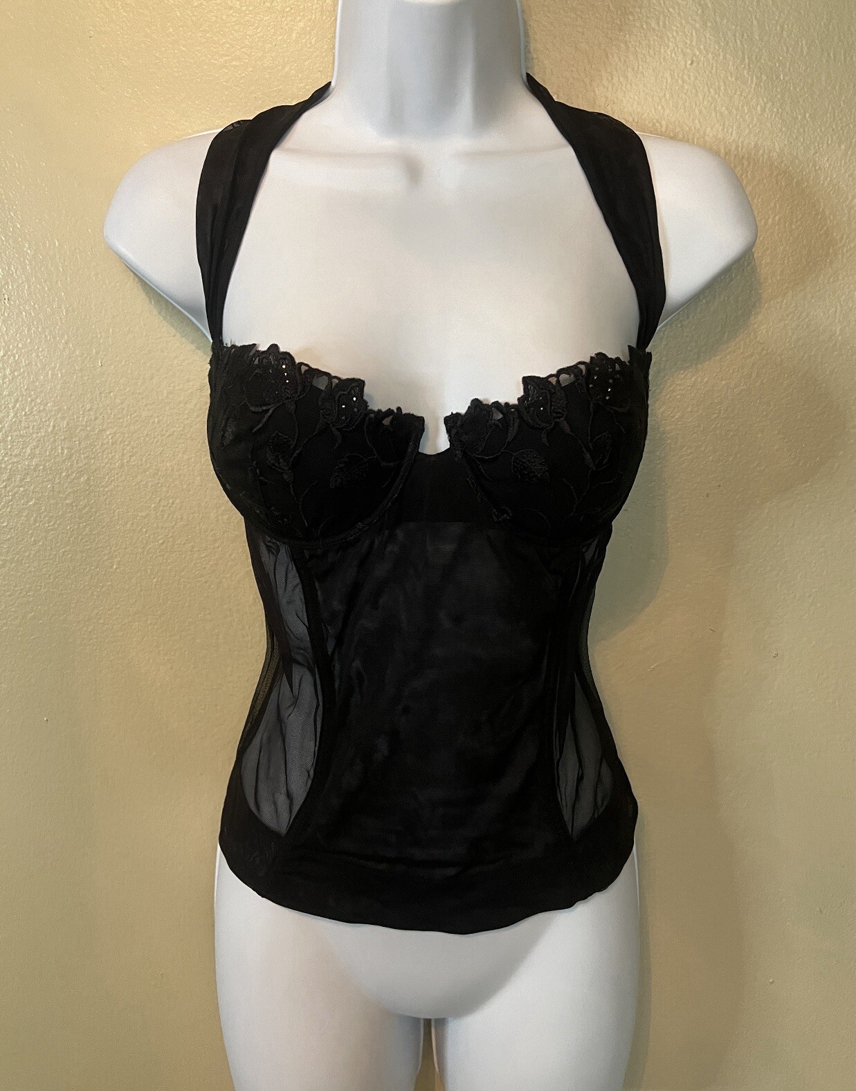 Vintage COSABELLA Italy RareY2K Black Mesh/Lace Bustier Removable Halter Strap M