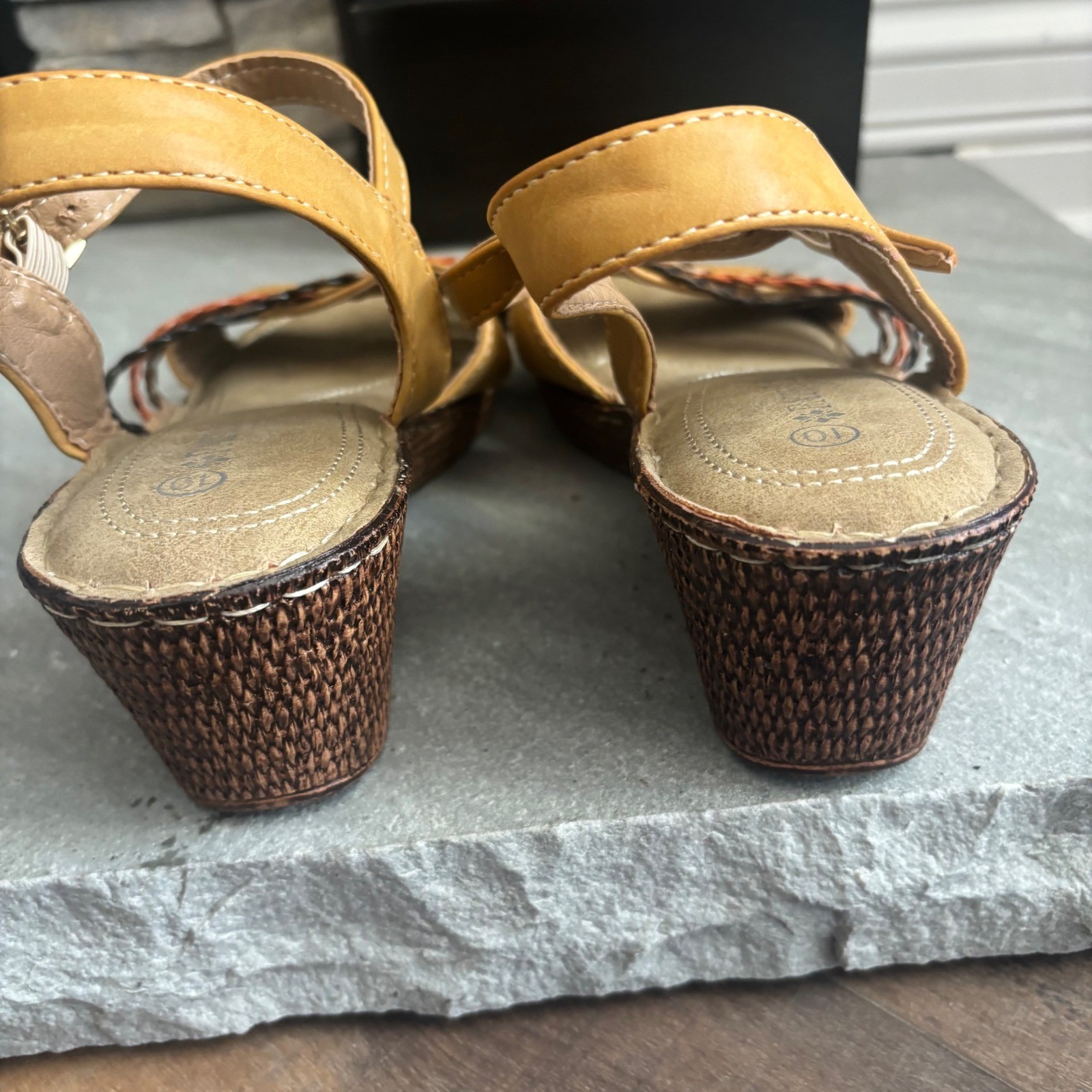 Patrizia Spring Step Wedge Sandals Mustard Yellow Multi Colored Braided Straps