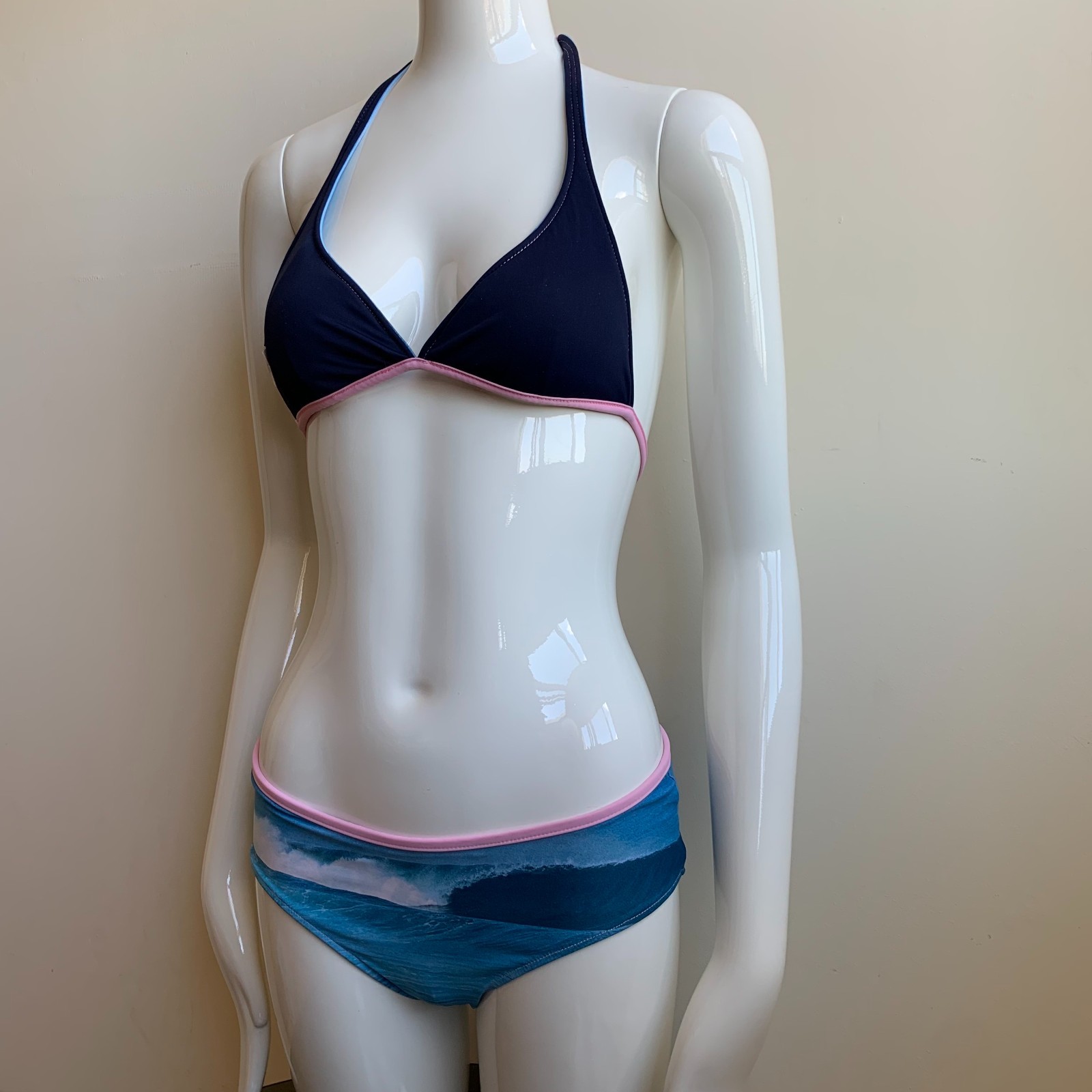 Aaron Chang blue & pink stripe wave reversible scenic photo print bikini