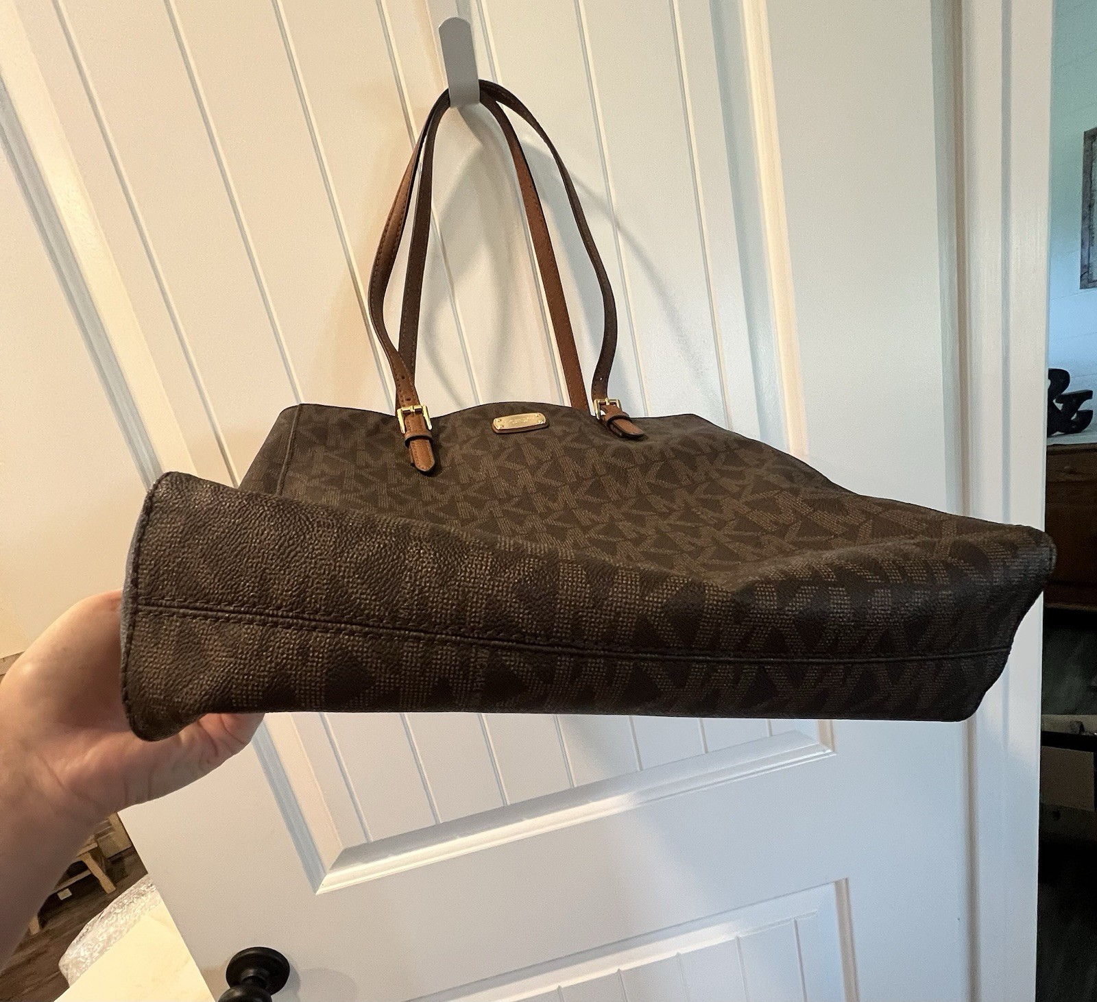 MICHAEL KORS JET SET TRAVEL BROWN LARGE NS PVC LOGO TOTE,SHOULDER HAND BAG NWT