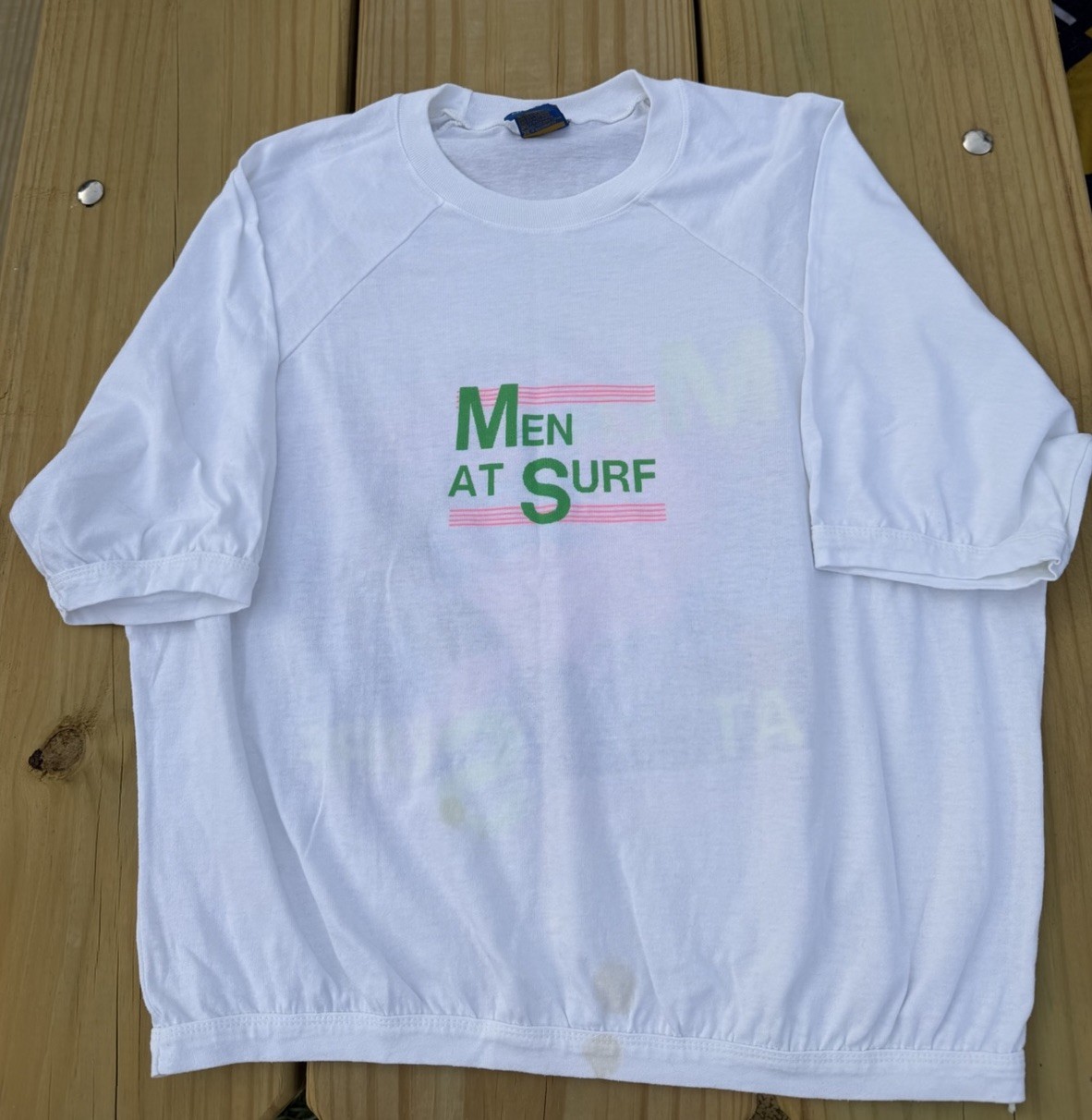 Vintage 80s Ocean Pacific “Men at Surf” neon surfing graphic banded L retro Cali