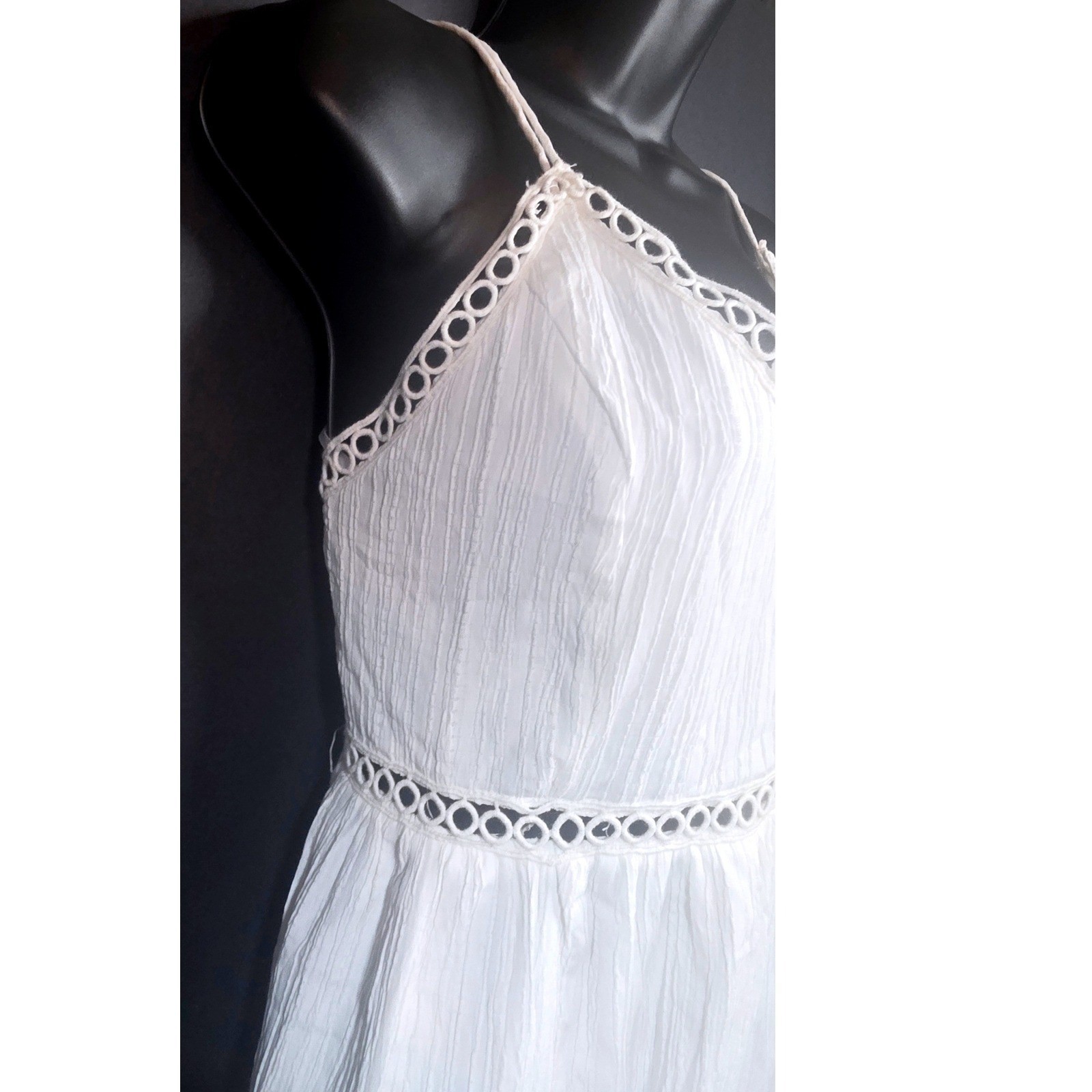 Lulus Ivory Crinkle Gauze Crochet Trim Tiered Maxi Dress Lace Up Back Medium NWT