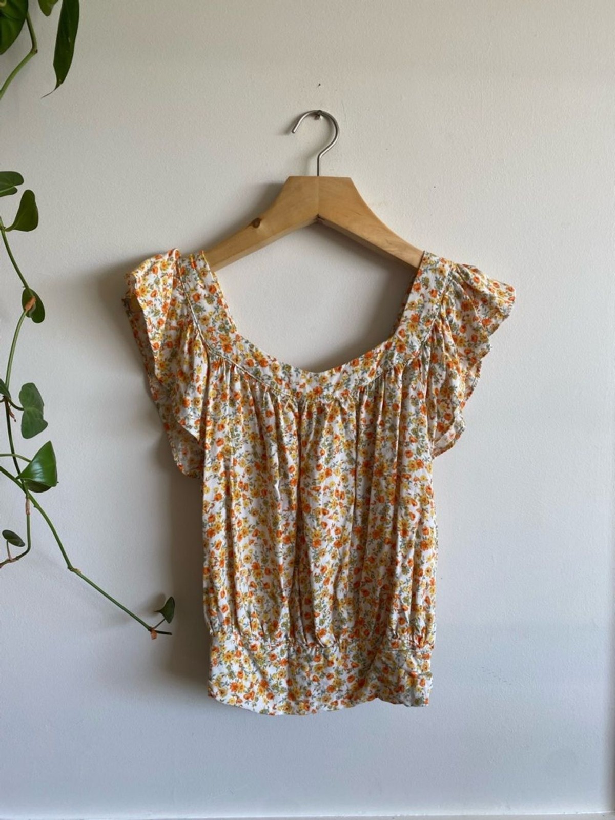 Aura Floral Flutter Sleeve Blouse Small | Mustard Yellow Cottagecore Top