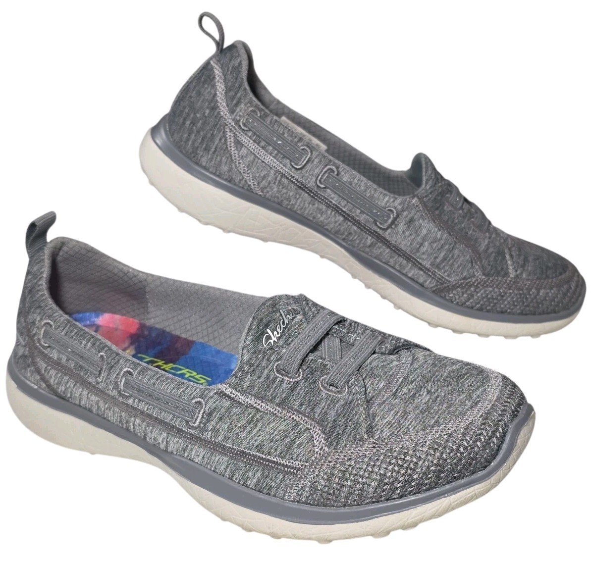 Skechers SlipOn Loafer Sneakers Womens Sz 5 Microburst Topnotch Gray White 23317