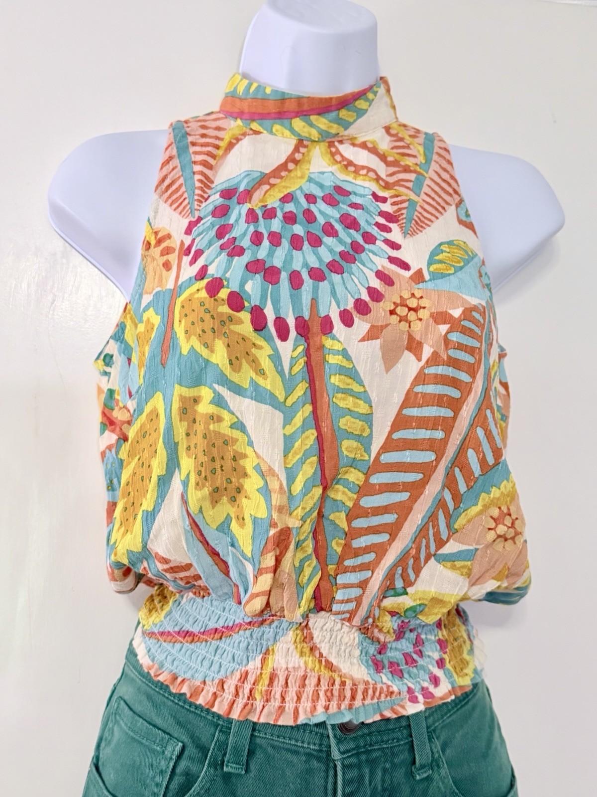 Christian Siriano Sleeveless Halter Top Tropical Print Smocked Waist Resort – XS