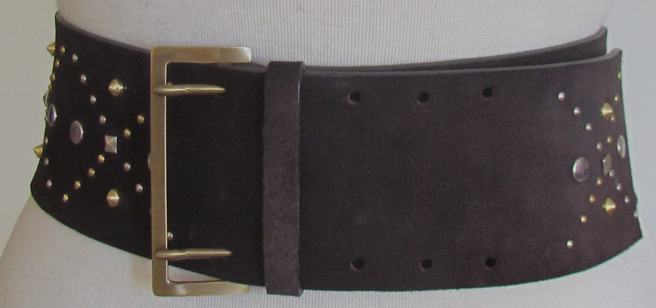 DESIGNER BLUE DEEP ITALY BROWN SUEDE GOLD /SILVER STUDDED 3″ WIDE 36″LONG BELT