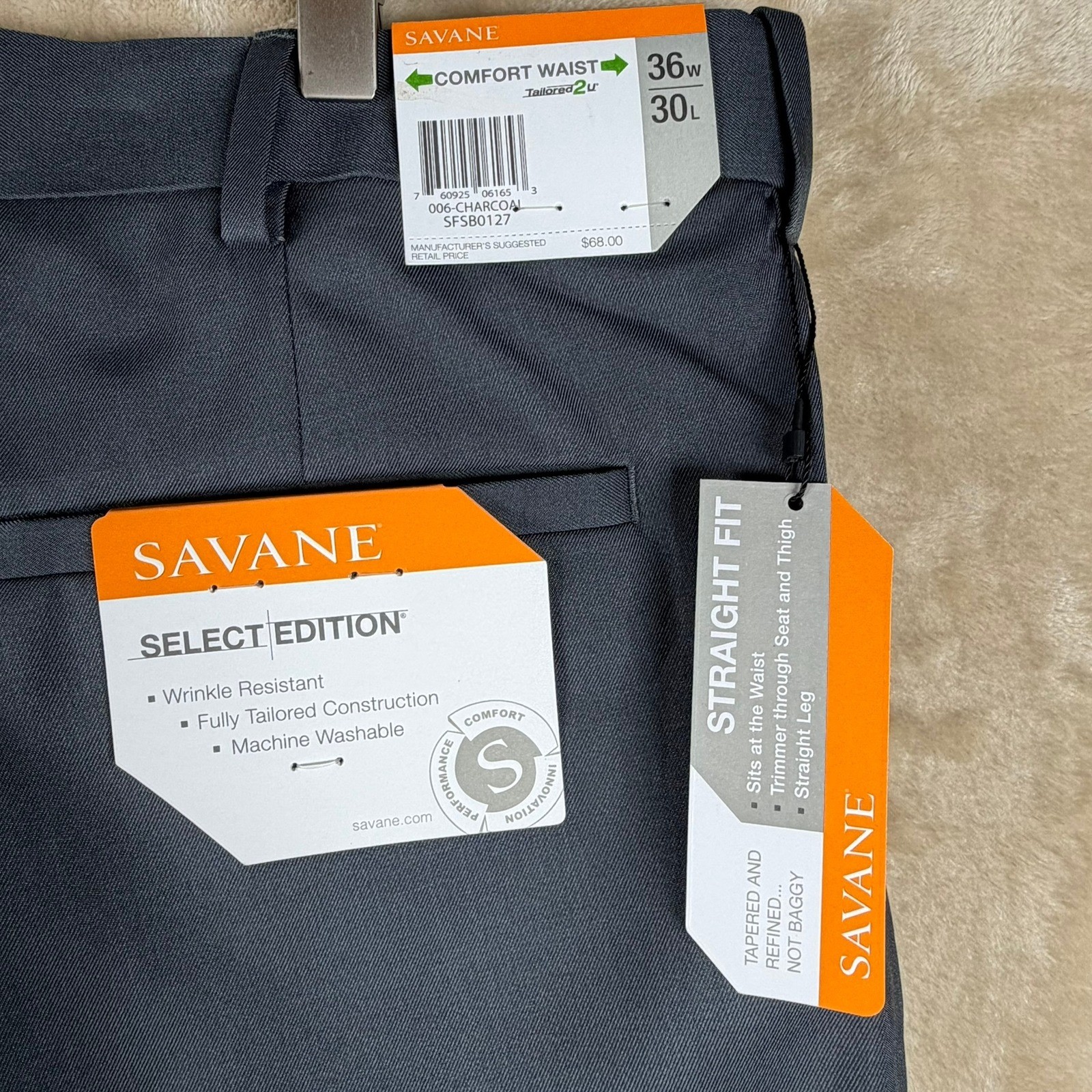 Savane Select Edition Men 36×30 Charcoal Gray Comfort Waist Straight Fit Pants
