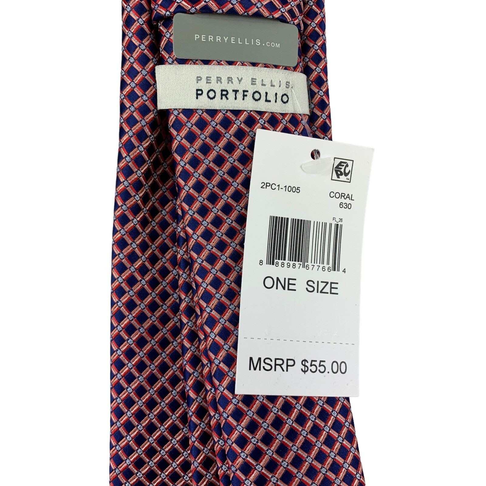 Perry Ellis Mens Fortin Neat Check Neck Tie Coral Blue 3 1/8″