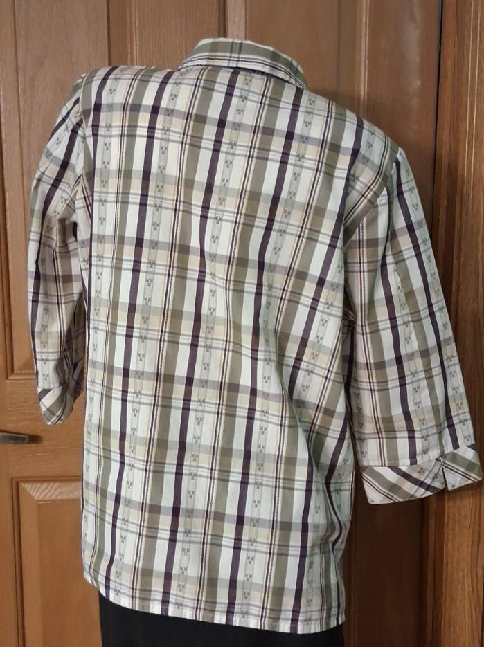 Kim Rogers Multicolored Blouse Plaid Button Shoulder Pads Bracelet Sleeves Sz 14