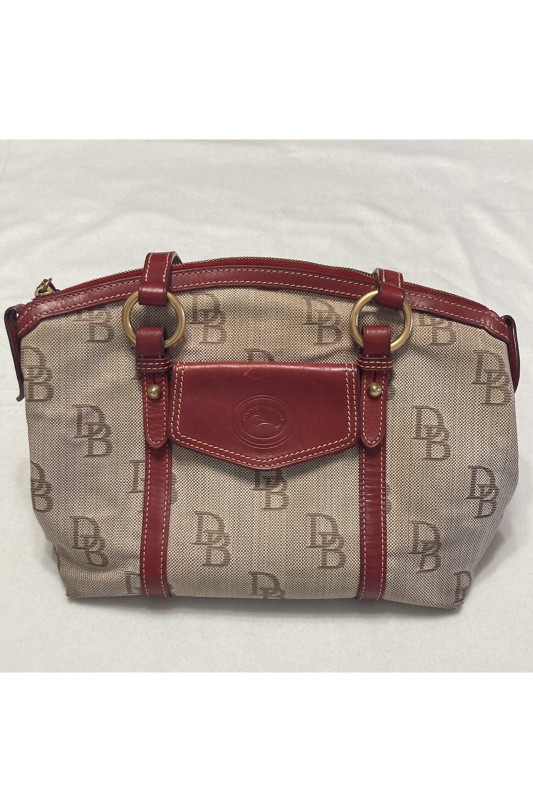 Dooney & Bourke Monogram Satchel Top Handle Zip Tassel Red Lined Gold